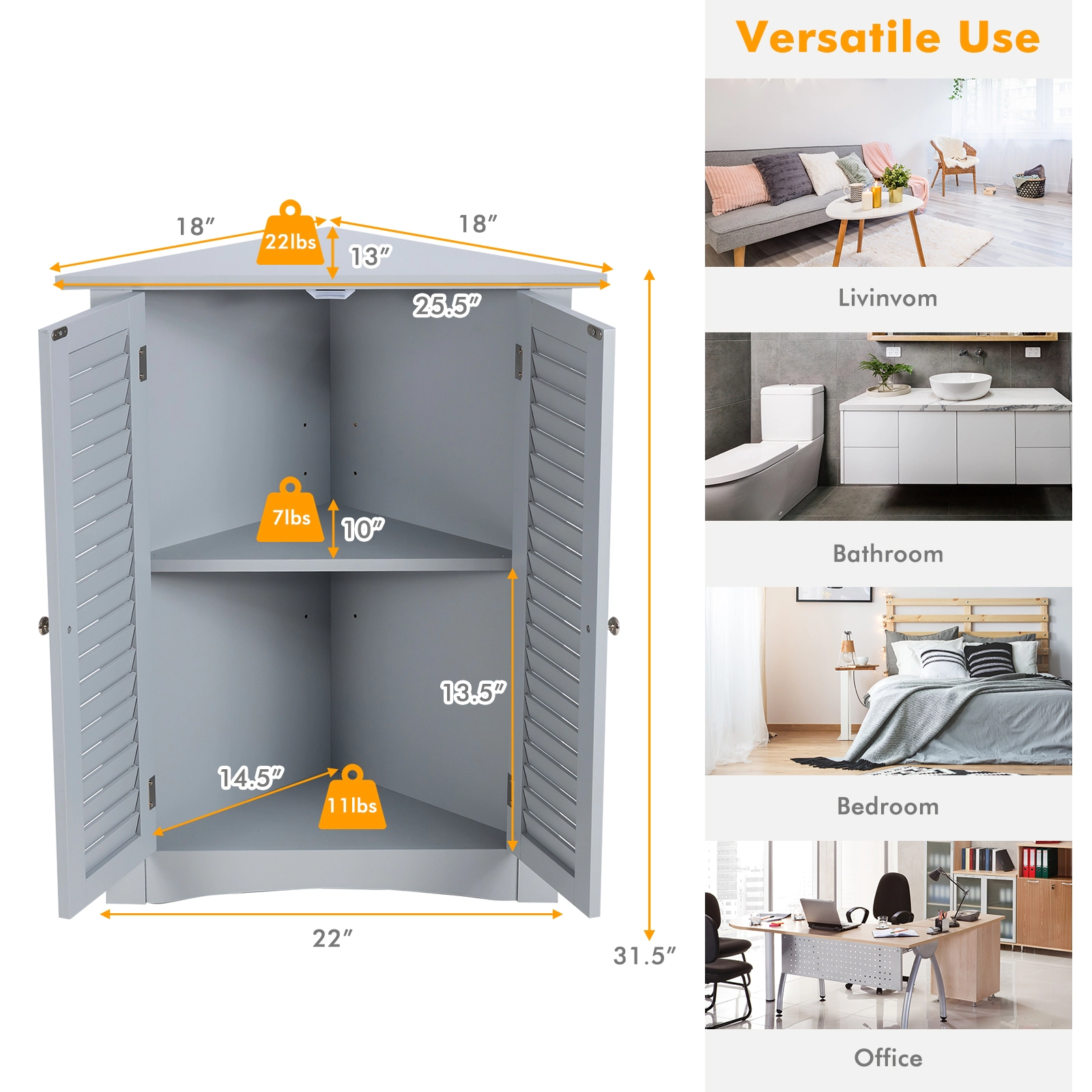 SlickBlue Corner Bathroom Storage Cabinet with 2-Tier Interior Shelf