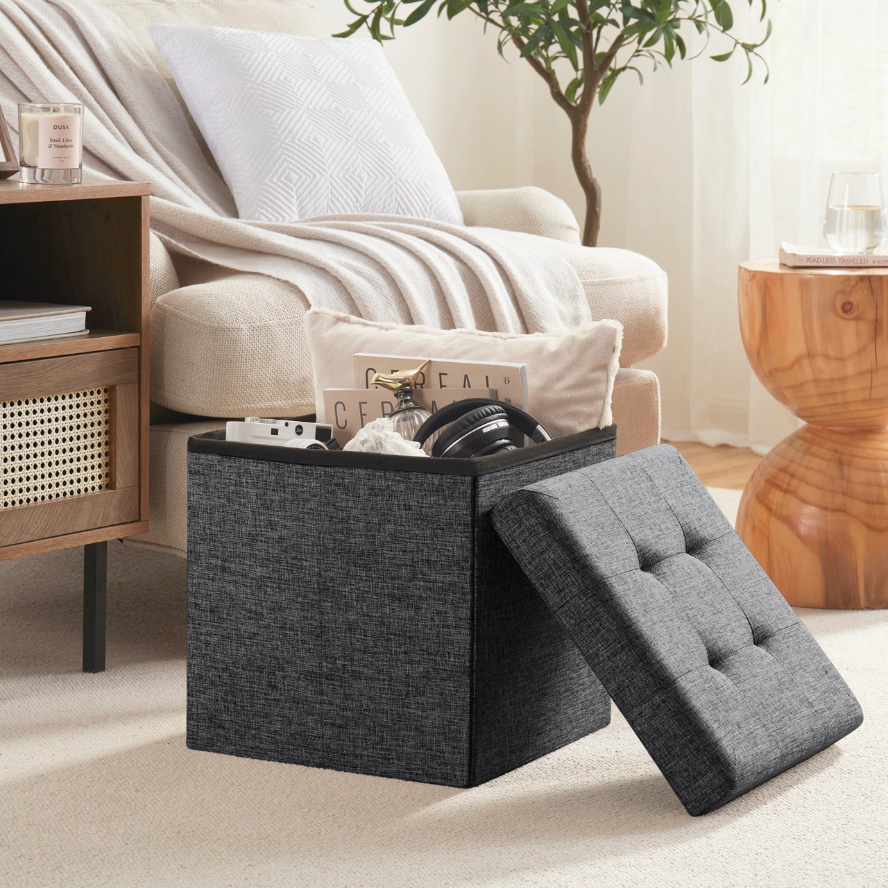 Ornavo Home 15" Collapsible Square Cube Storage Ottoman, Perfect for Dorms, Livingroom and Bedroom