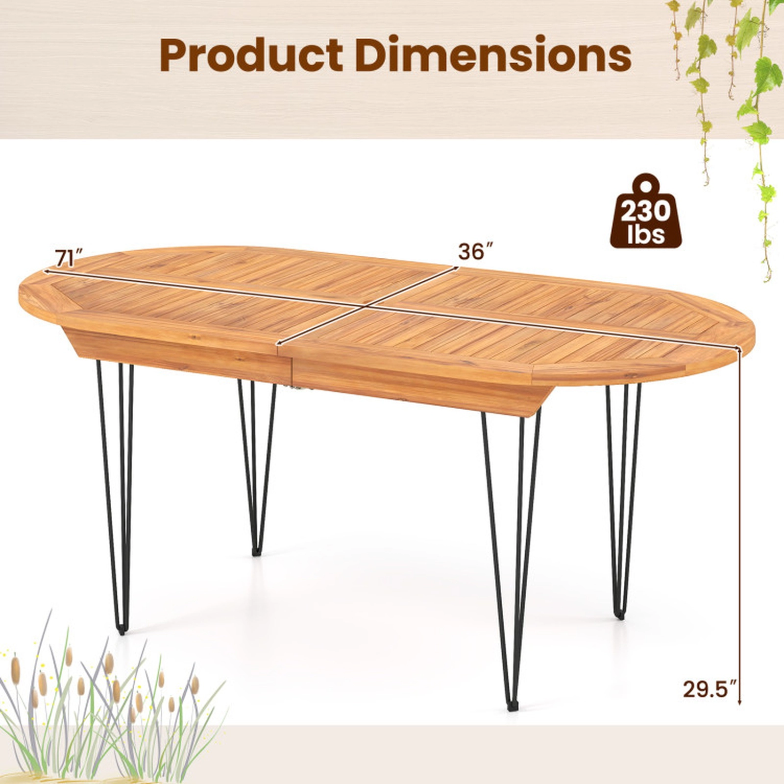SUGIFT 6-Person Patio Dining Table with Teak Wood Tabletop 230-Lb Capacity 71-in Long Natural + Black 2-Piece Top