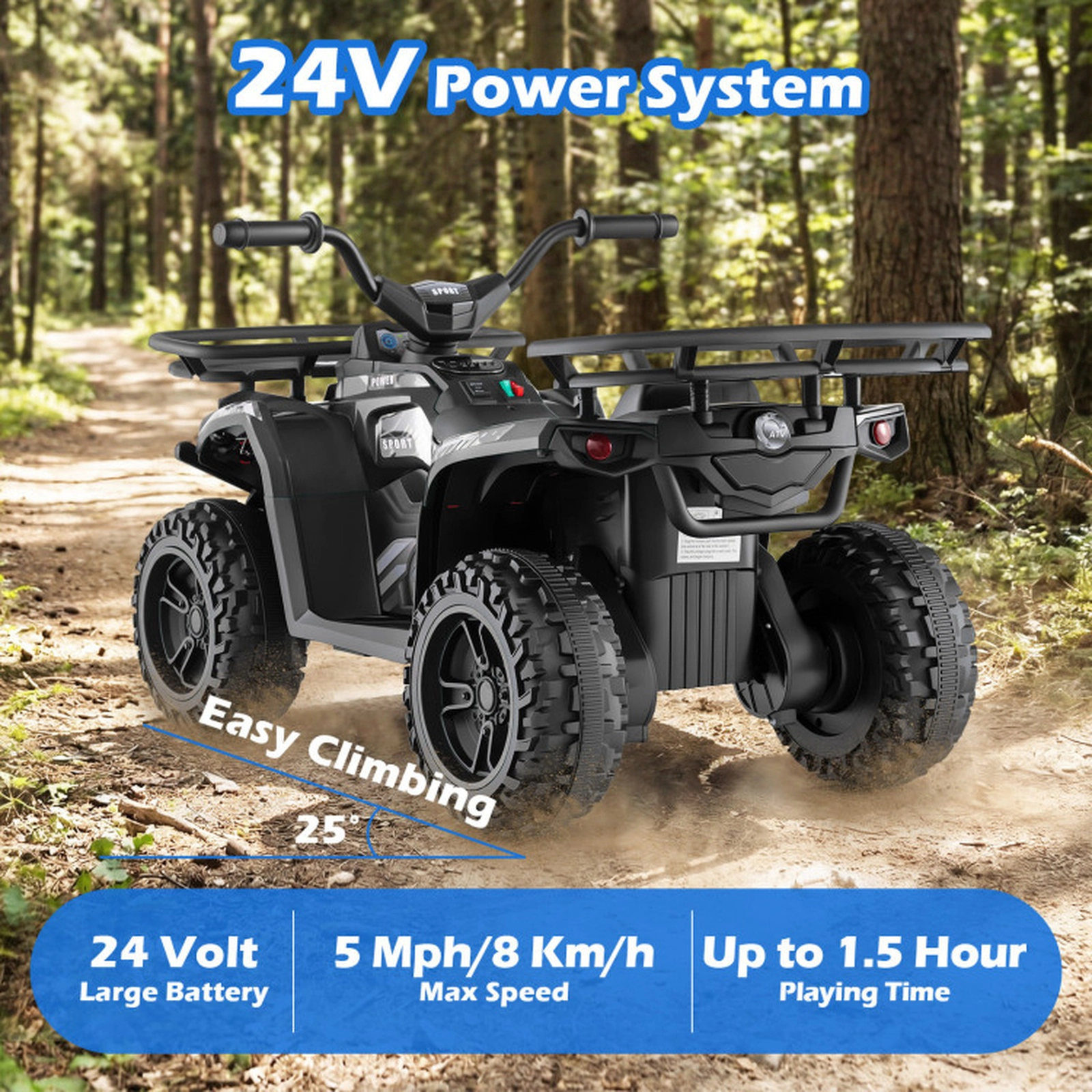 SUGIFT 24V Electric Ride On Quad ATV with LED Headlights 66-lb Capacity Ages 3+ Black