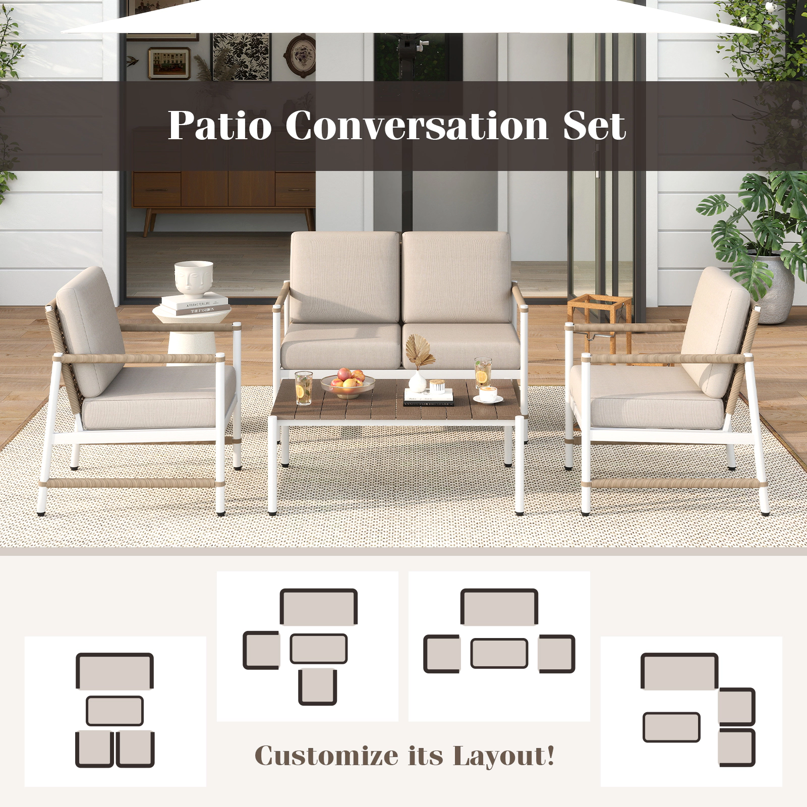 LJG 4 Pieces Patio Furniture Set with Thick Cushions and a Coffee Table