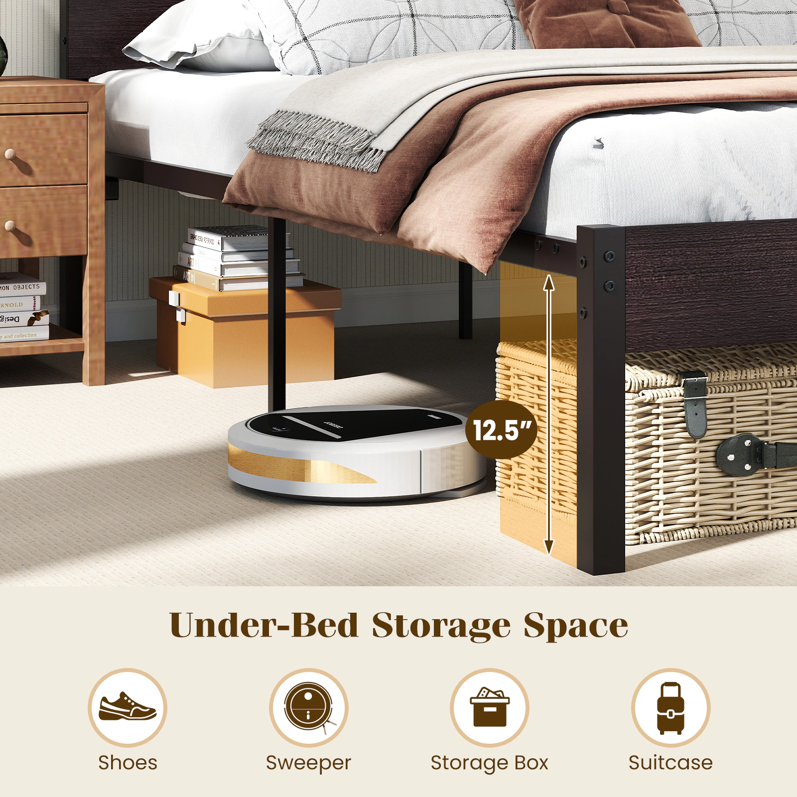SUGIFT Metal Slats Bed Frame with Charging Station 880-lb Capacity 78-in Length Full Rustic Brown/Walnut + Black