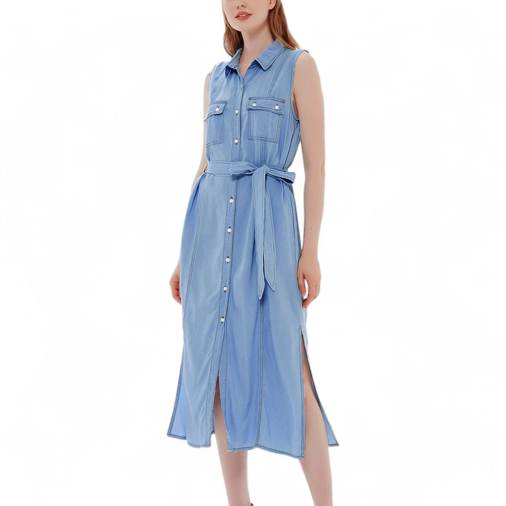 Anna-Kaci Women's Denim Tie Waist Turn Down Collar Pocket Shirt Dress