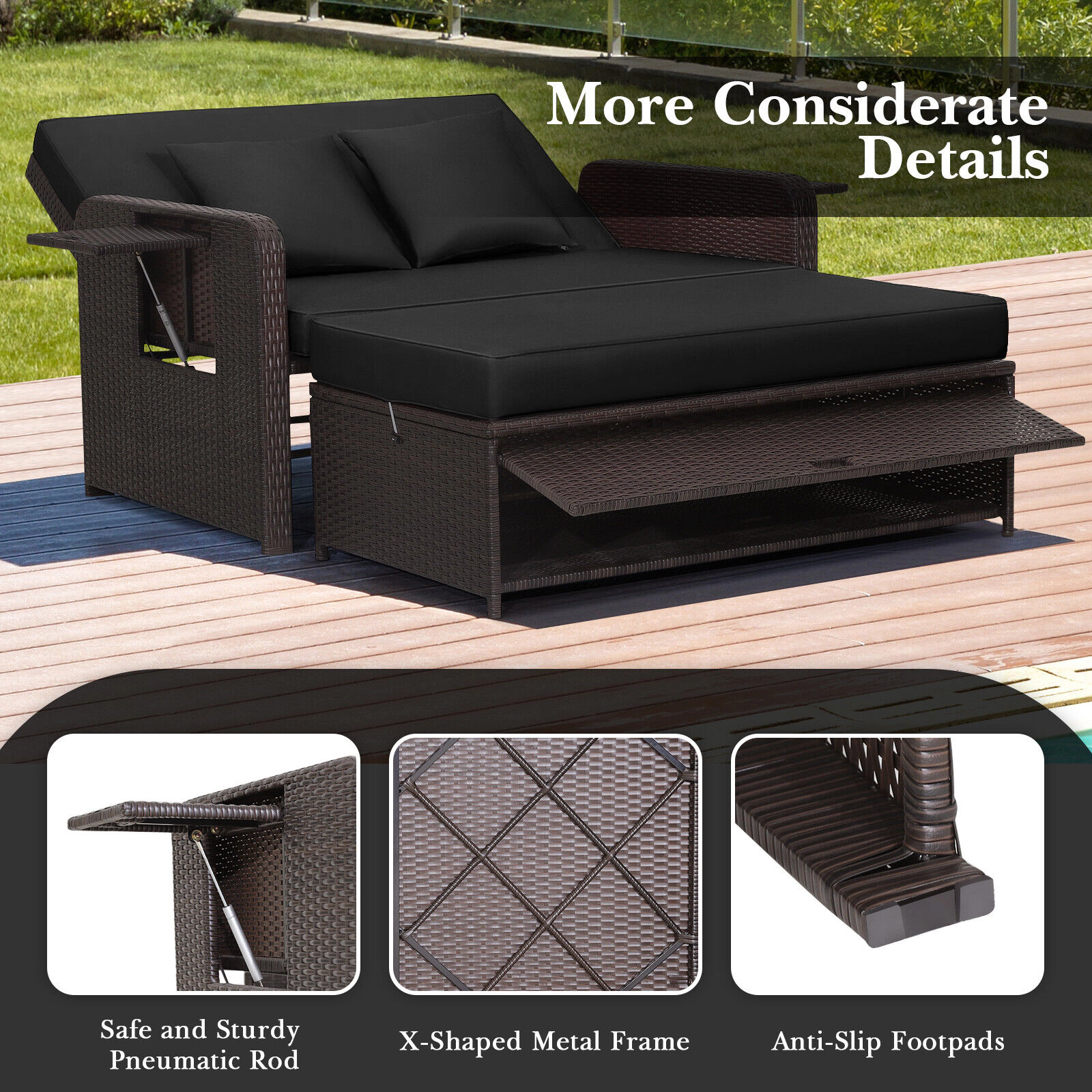 SUGIFT Black 4-Level Adjustable Backrest and Retractable Side Tray Patio Rattan Daybed