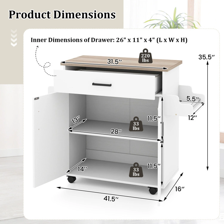 Hivvago Kitchen Island Cart Rolling Kitchen Storage Island with Drawer