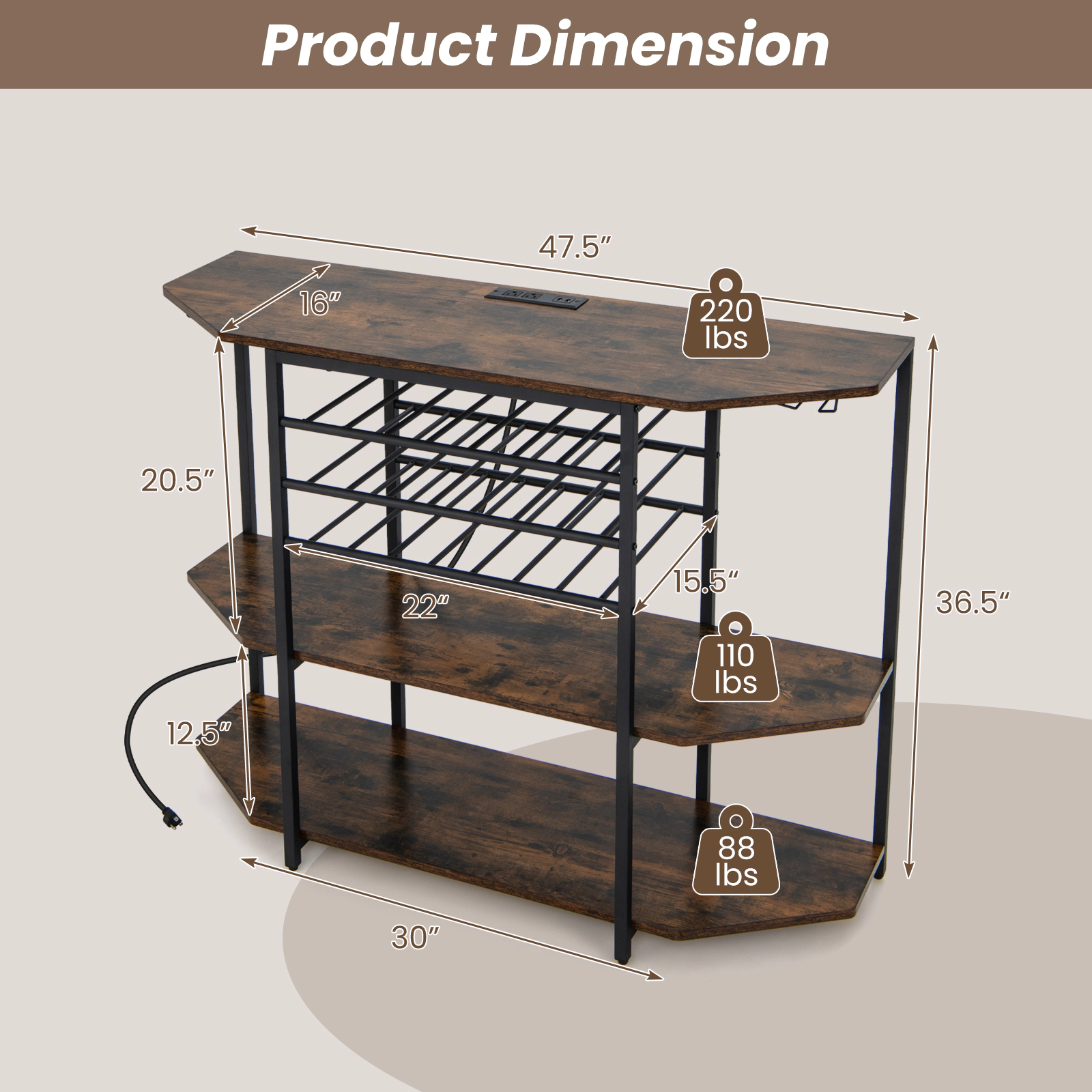 SUGIFT 47.5-in Coffee Bar Cabinet with Power Outlet 3-Tier Wine Sideboard 21-Bottle Rack and Glass Holder