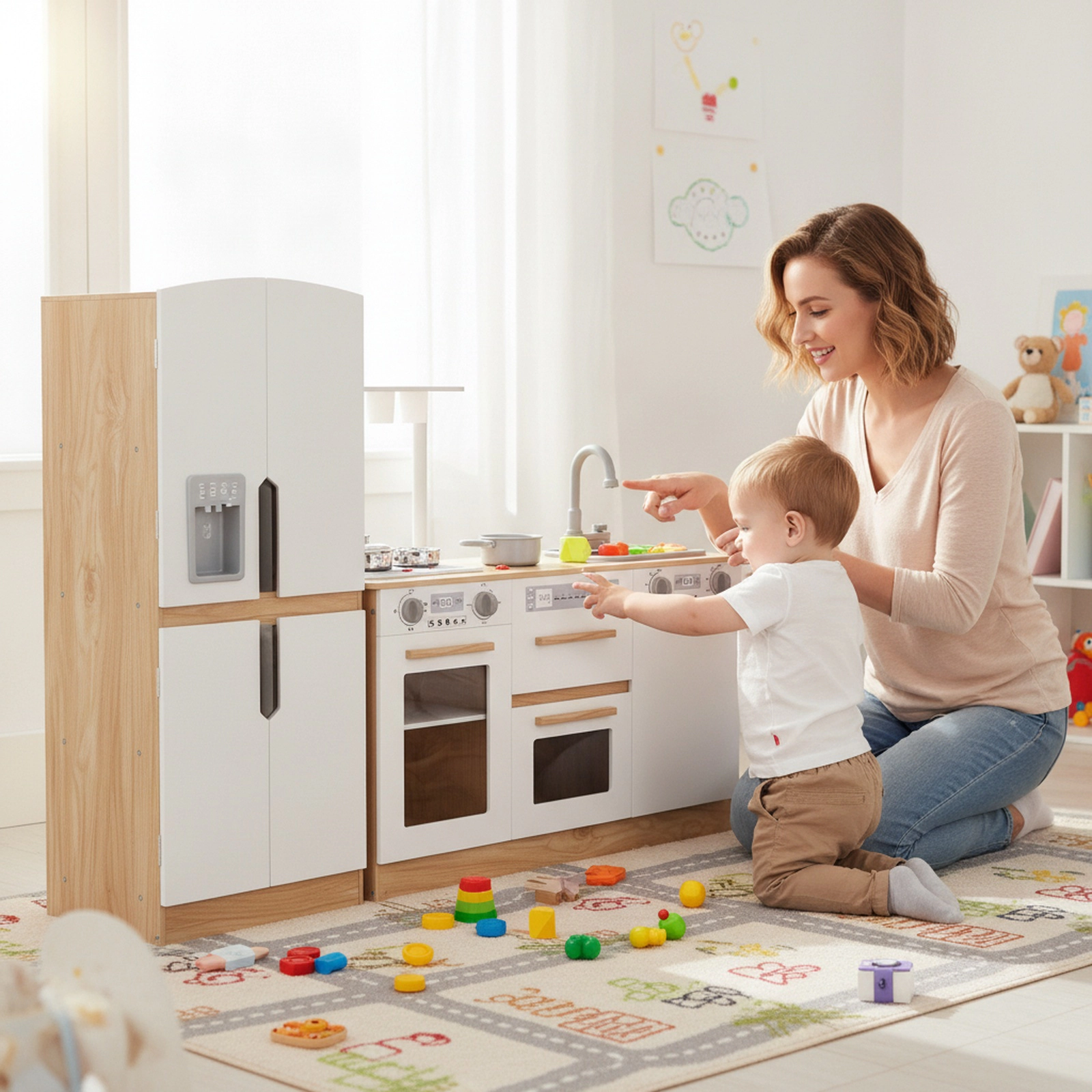 Wooden Play Kitchen for Toddlers Disinfection Cabinet 3 Planting Pots Fridge Tower 35.5-in Kitchen Set Ages 3+ Natural