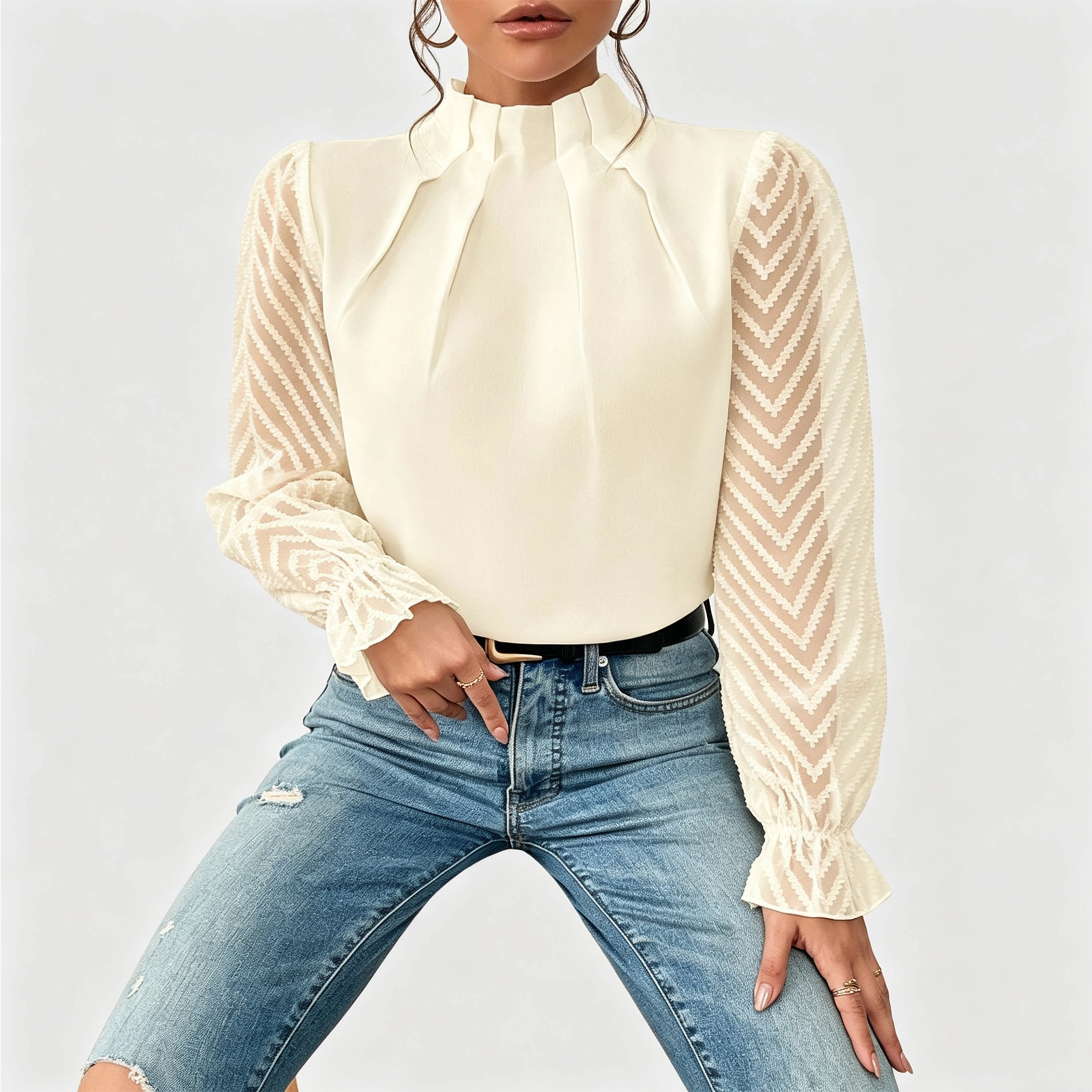 YesFashion Women's Chiffon Blouse Ruffle Mock Neck Lace Sheer Puff Long Sleeve Work Office Top