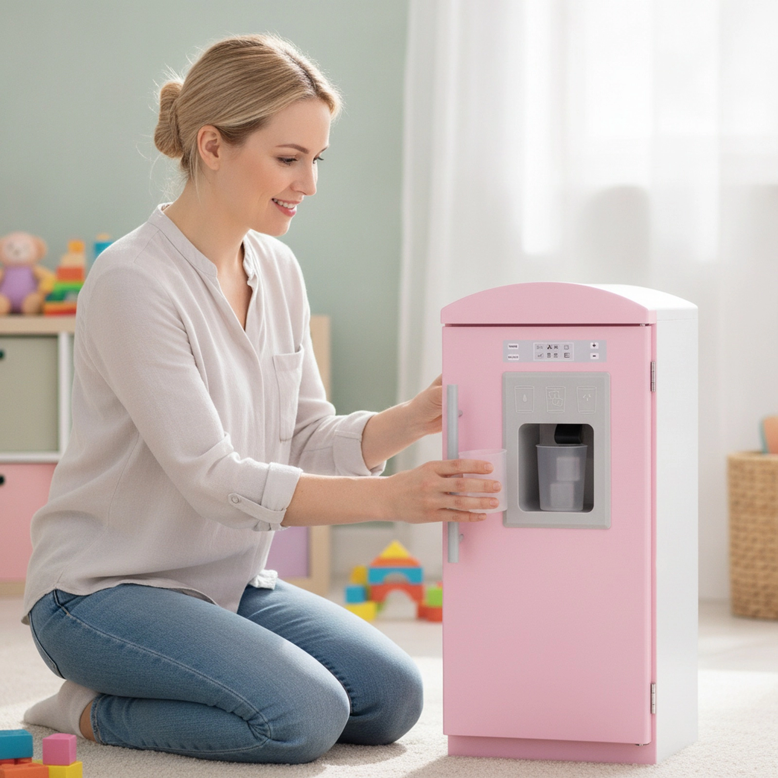 Play Kitchen for Kids 3 Adjustable Heights Ice Maker Microwave Curtains 25-in Wooden Chef Pretend Playset Ages 3+ Pink