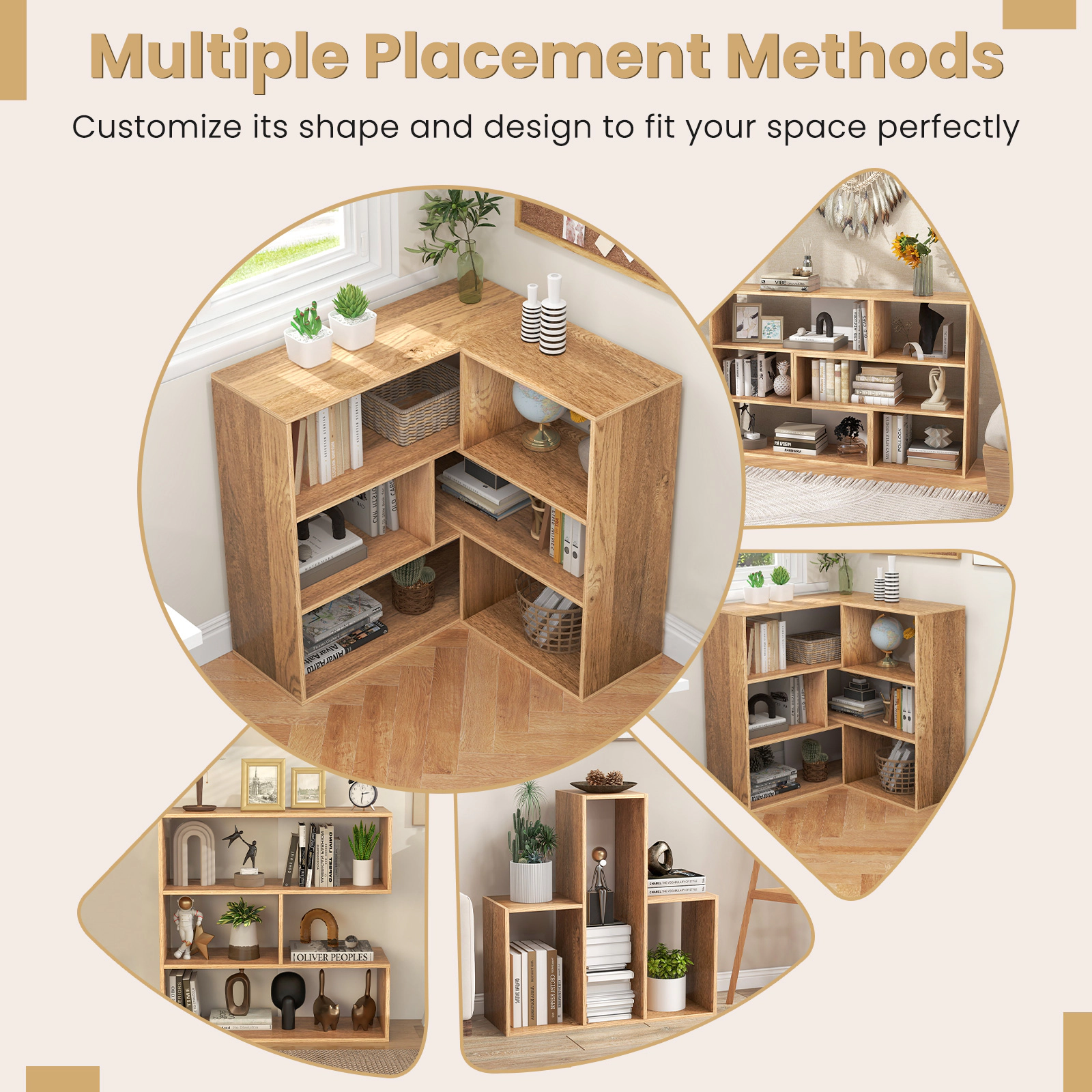 SUGIFT 3-Shelf Natural 33-in Open Convex Bookshelf Display Organizer with Anti-Toppling Device and 88-lb Top