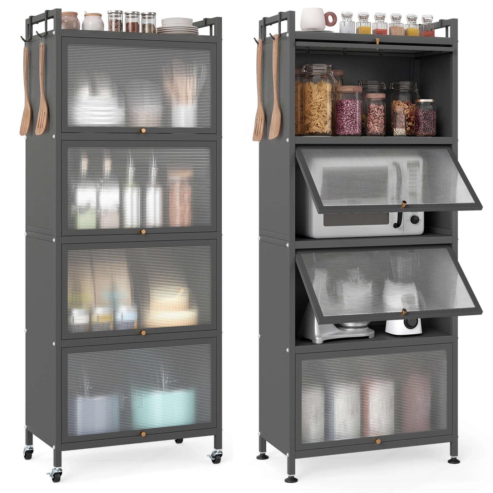 SUGIFT 5-Tier White Kitchen Bakers Rack Storage Shelf with Flip-Up PC Doors 23.5-in W 60.5-in H 44-lb Per Tier