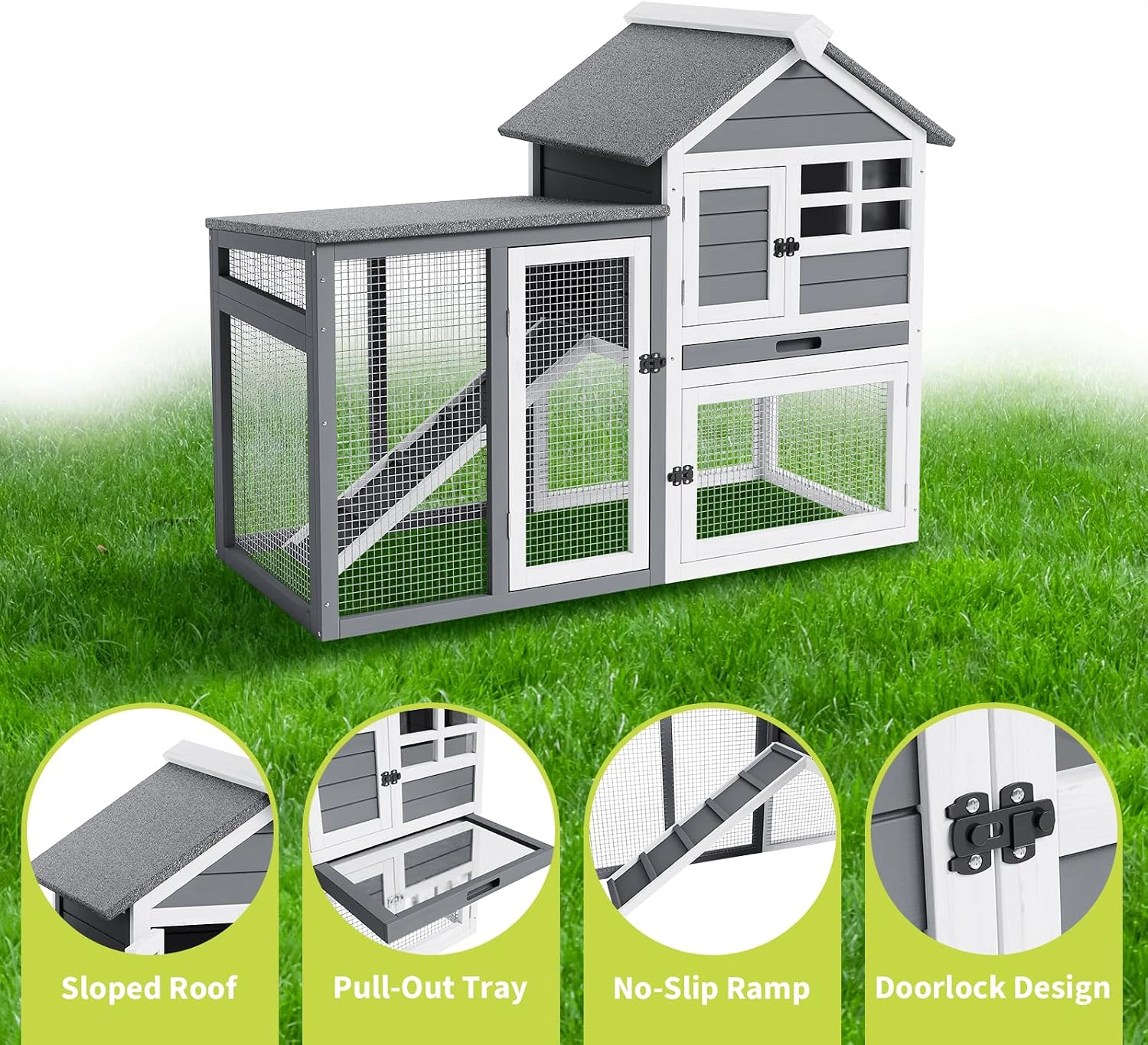 2-Tier Wooden Rabbit Chicken Cage, Indoor-Outdoor Pet Hutch with Ramp & Waterproof Panels