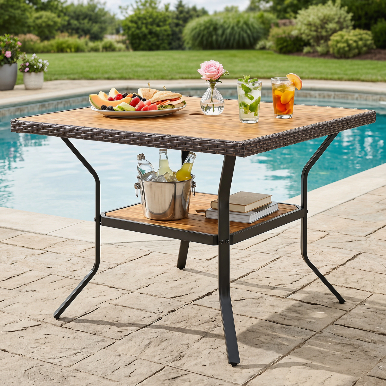 LJG 37" Square Outdoor Dining Table for 4 with Acacia Wood Tabletop and 2" Umbrella Hole