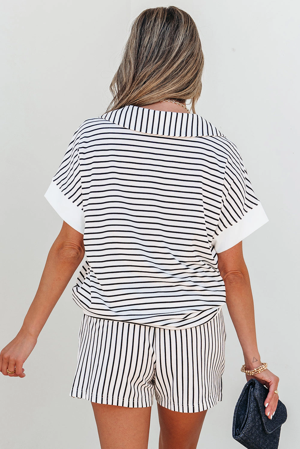Threaded Pear Women's Chloe Stripe V Neck Tee Short Set