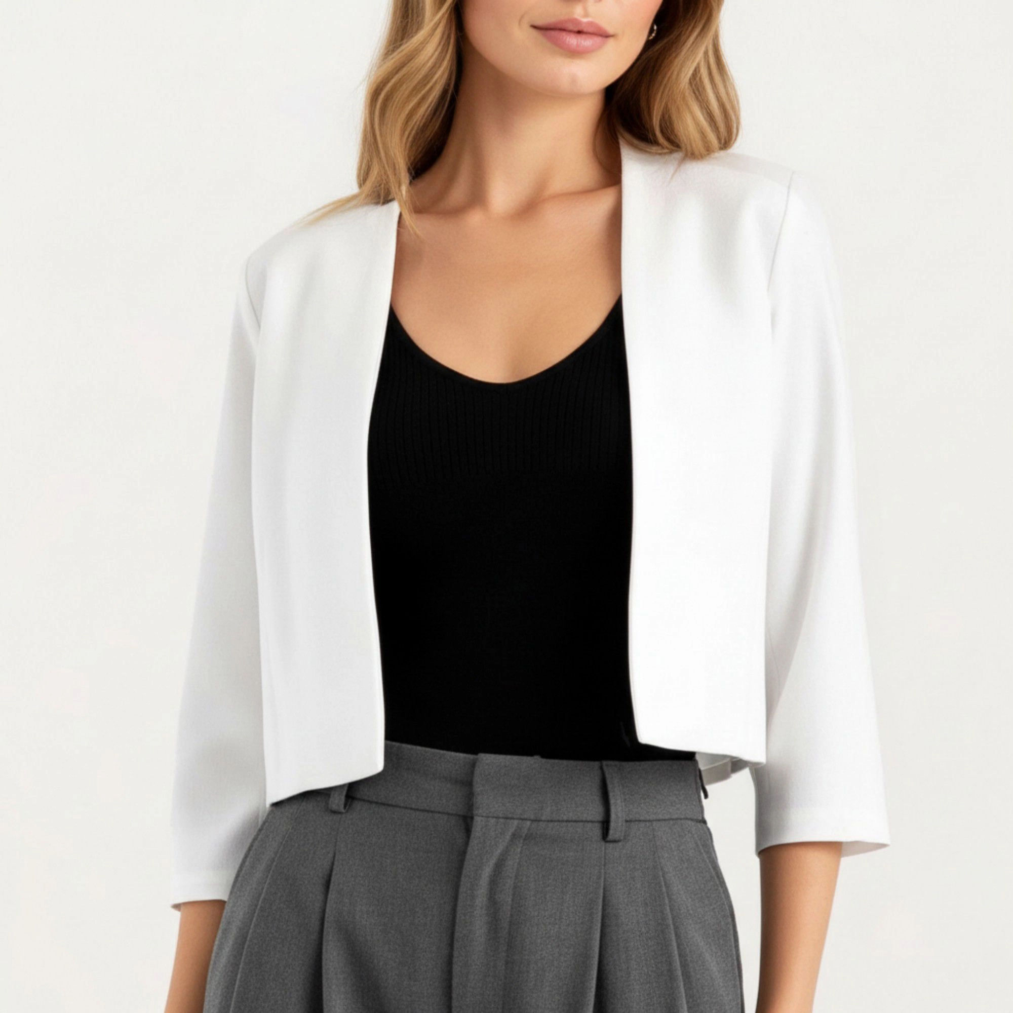 Anna-Kaci Women's Cropped Blazer with 3/4 Sleeves Structured Clean Lines and Soft Fabric for a Polished Layered Look