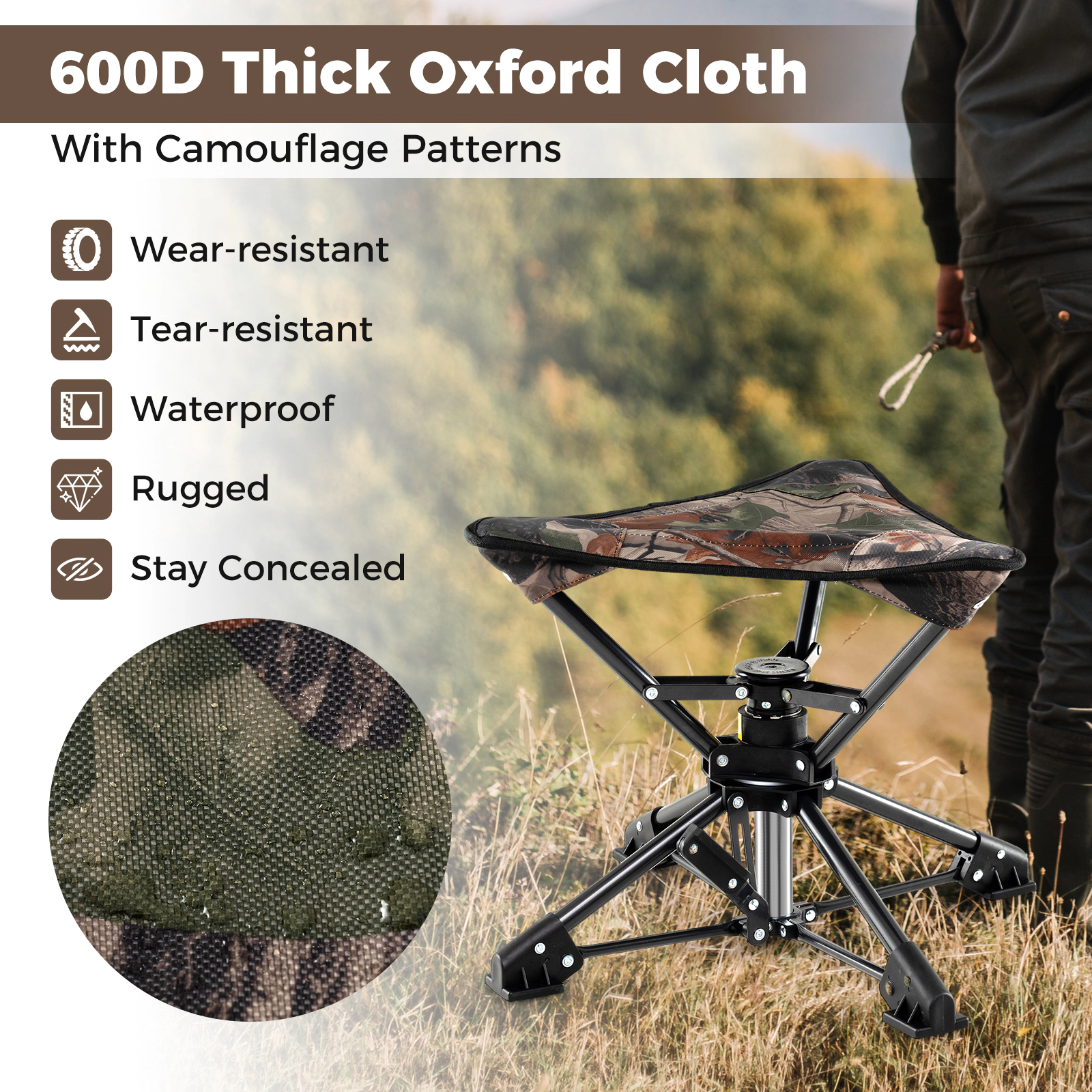 SUGIFT Camouflage 360-Degree Swivel Folding Camping Stool with Carry Bag 17-in W 14.5-in H 330-lb Seat Capacity