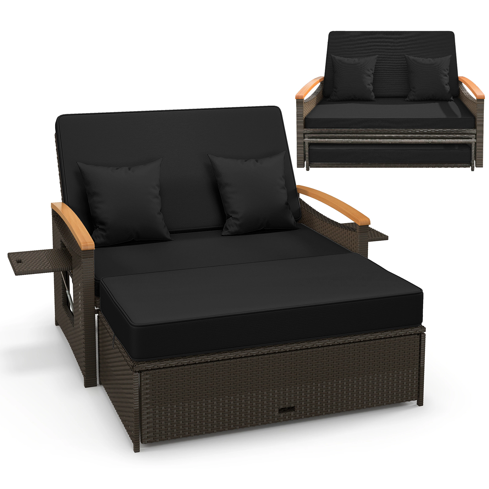 SUGIFT Outdoor Wicker Daybed with Folding Panels and Storage Ottoman 800-lb Loveseat Capacity Mix Brown/Mix Gray