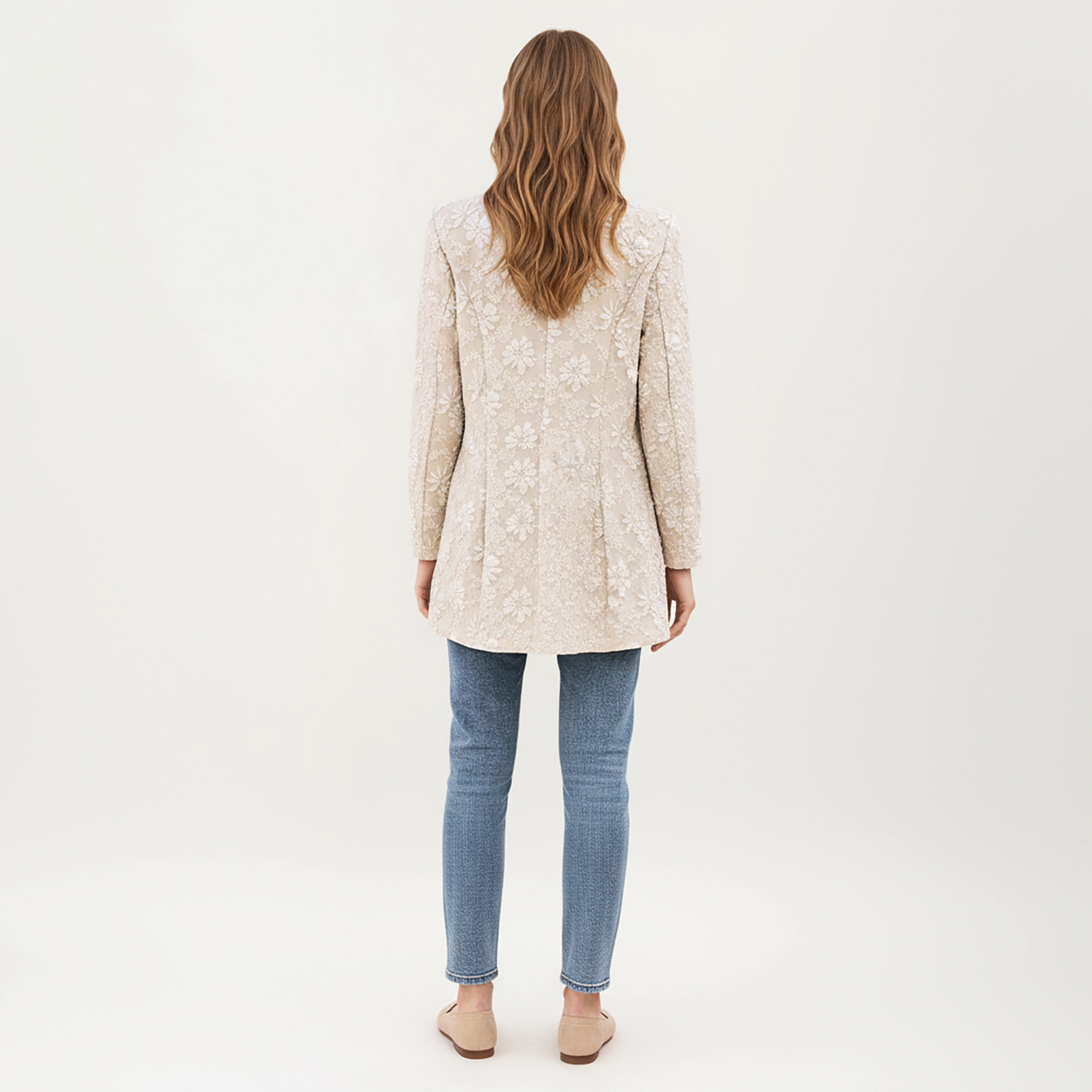 Anna-Kaci Women's Floral Textured Longline Blazer with Notched Lapel and Open Front