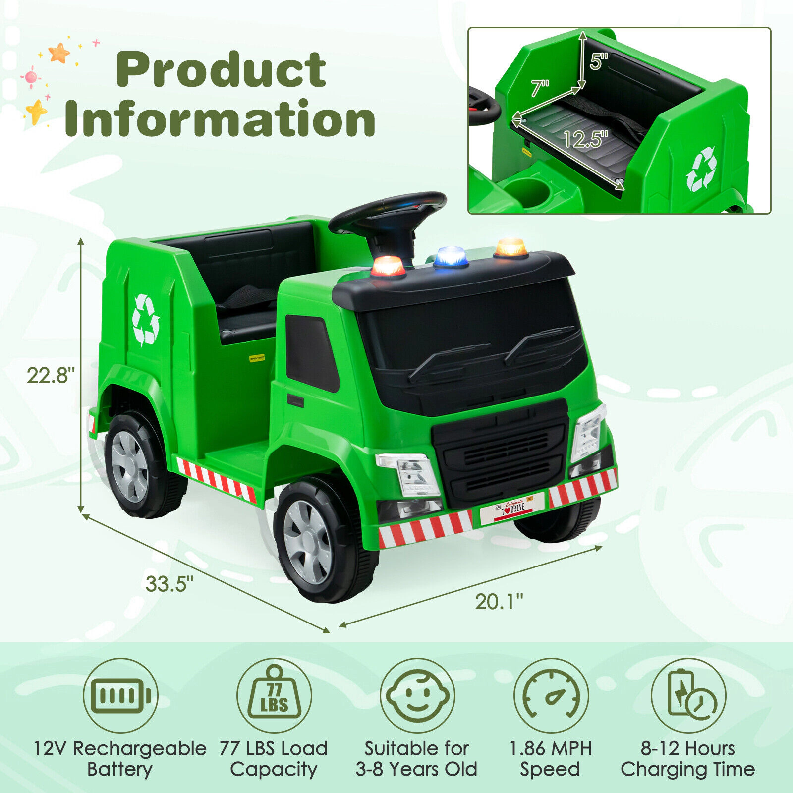 SUGIFT 12V Ride-On Garbage Truck with Remote Control Warning Lights 77-lb Capacity Green