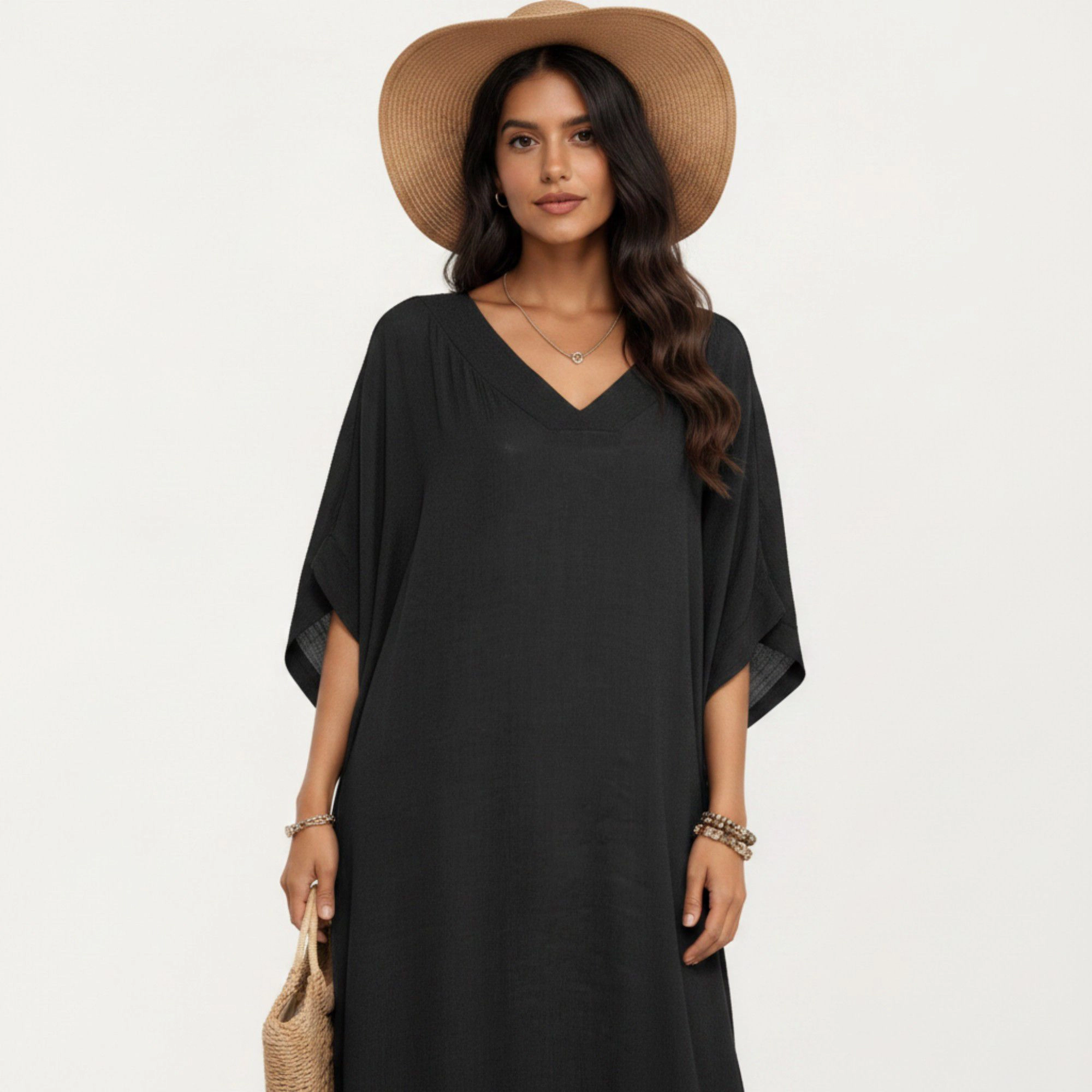 Anna-Kaci Women's V-Neck Maxi Swim Cover Up Dress Loose Short Sleeve Lightweight Beach Caftan
