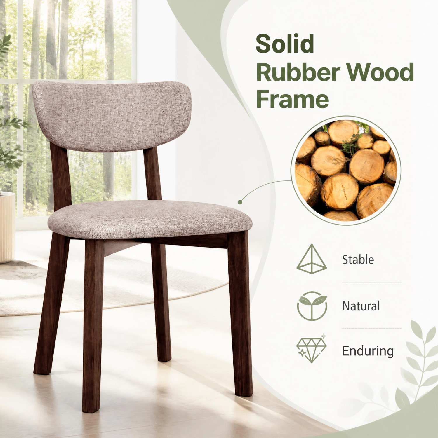 LJG 4 Upholstered Chairs with Solid Rubber Wood Frame and Curved Backrest for Dining Room