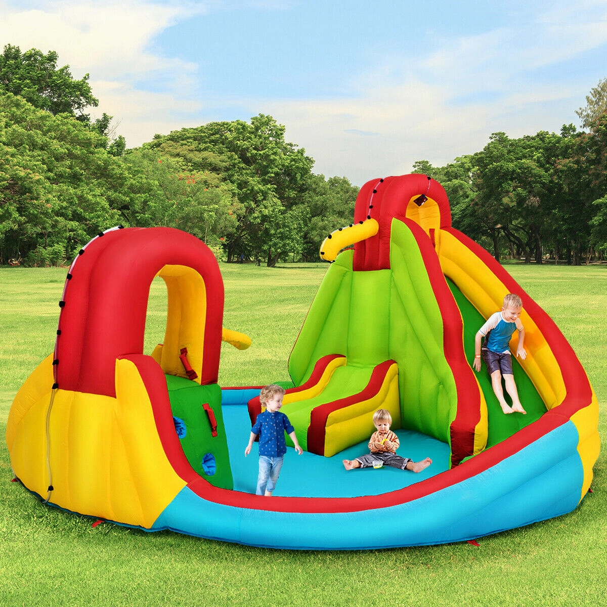 SUGIFT Climbing Wall Basketball Rim and Splash Pool Kids Inflatable Water Slide Bounce House