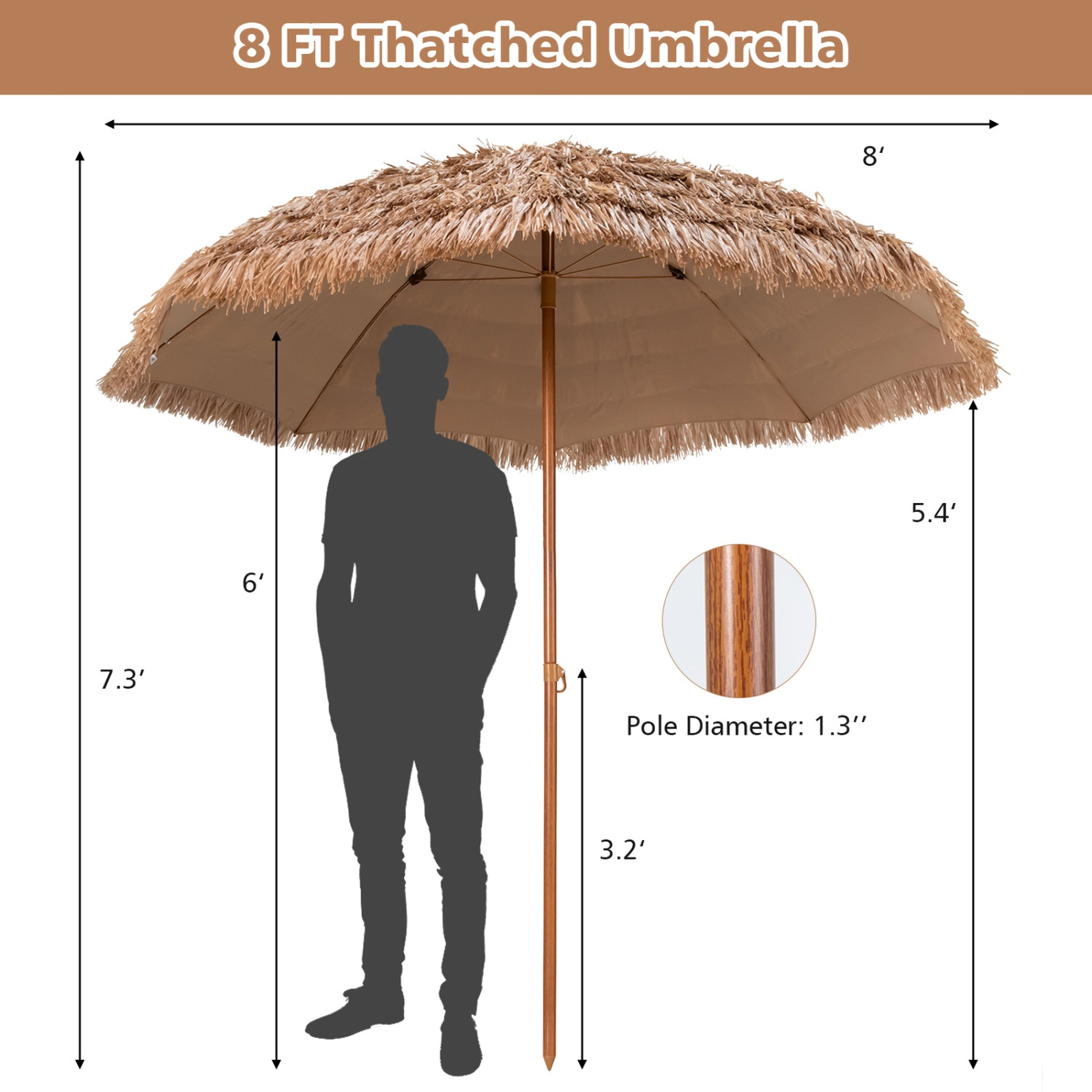 SUGIFT 8-ft Natural Thatched Tiki Hawaiian Hula Patio Beach Umbrella with 7-Layer Thatch and 8 Steel Ribs