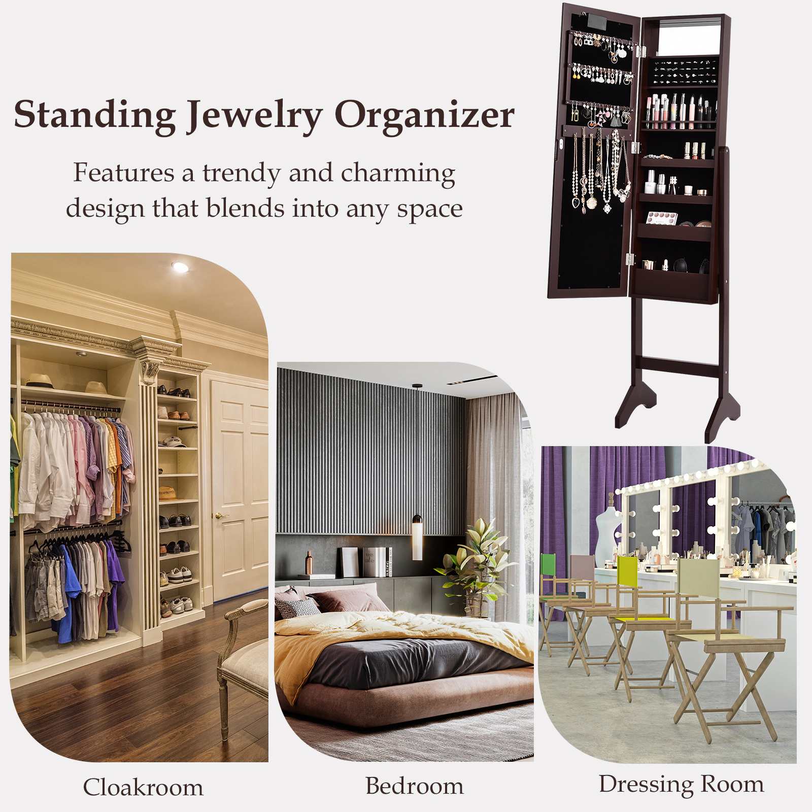 SUGIFT 57-in Freestanding Brown Mirrored Jewelry Cabinet Armoire Organizer with 18 LED Lights and Velvet Liner