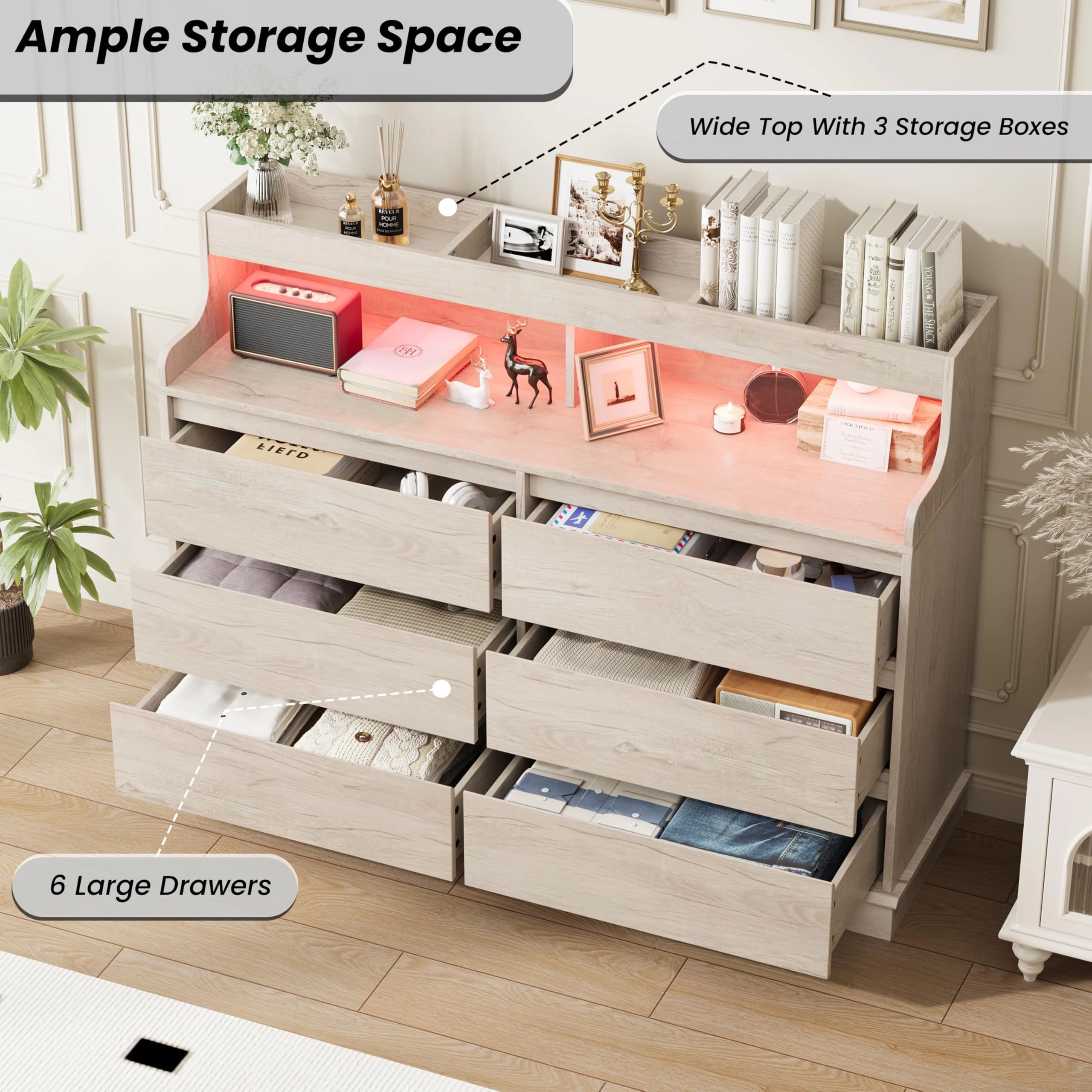 6 Drawer Dresser with RGB LED Lights & Charging Station, Wide Storage Chest with Open Shelf for Bedroom Living Room