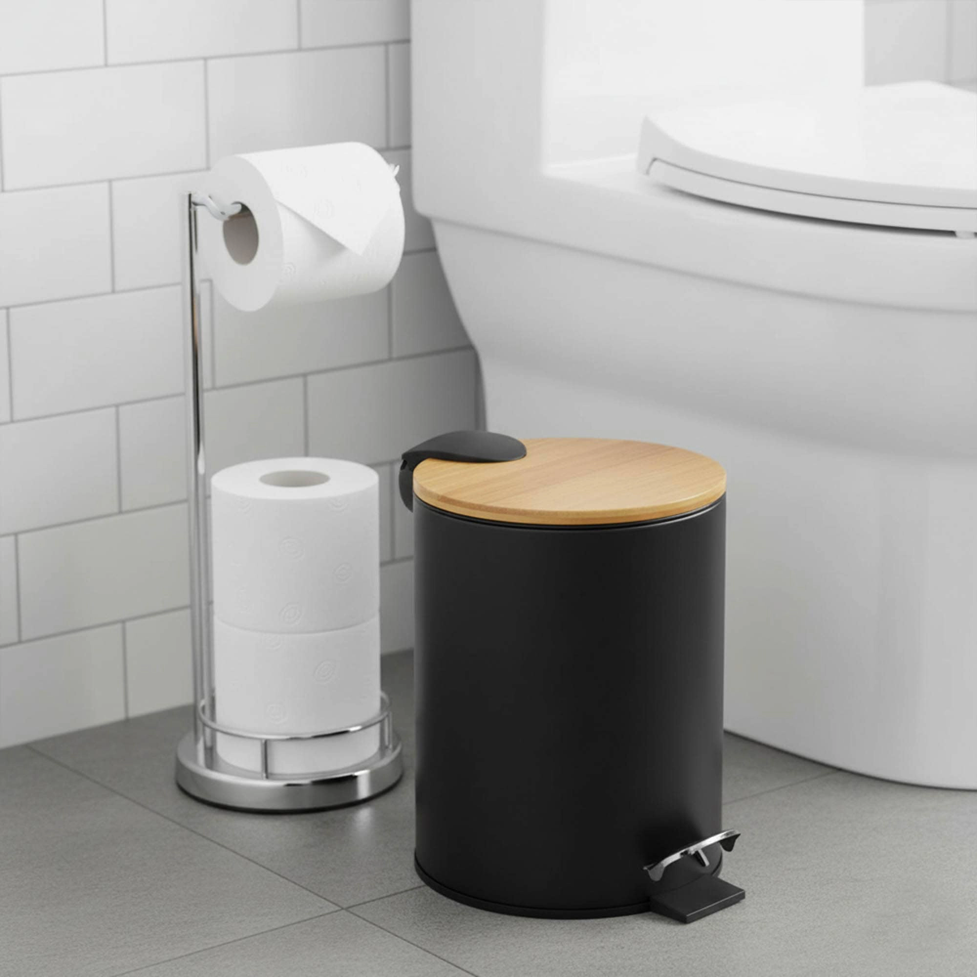 Evideco Willis 2.5L Step Trash Can - Powder-Coated Steel with Bamboo Soft-Close Lid
