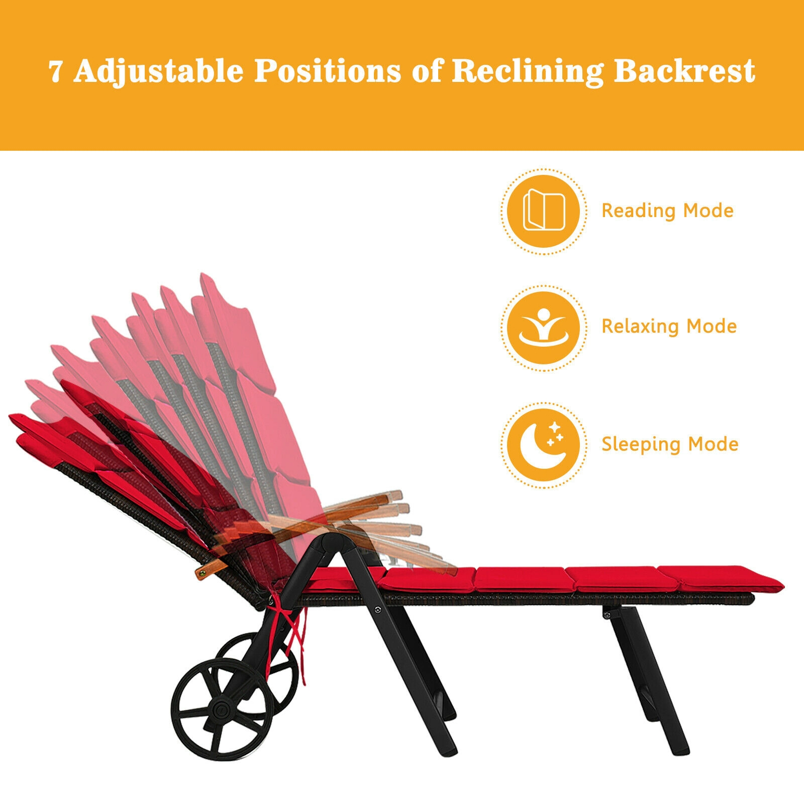SUGIFT 10 in Wheels 7 Tilt Positions 385-lb Red Folding Patio Rattan Lounge Chair
