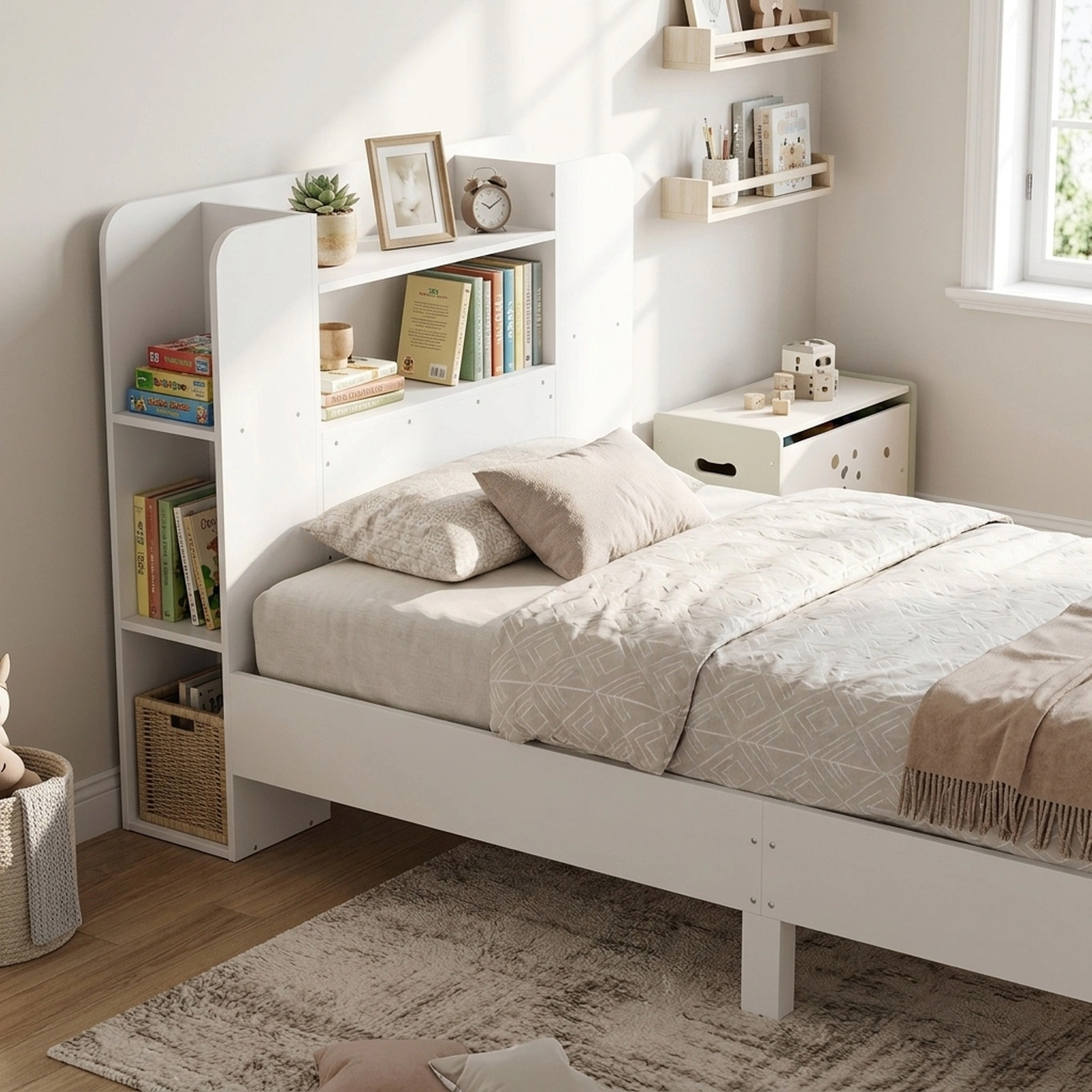 SUGIFT Twin Wood Platform Bed with Bookcase Headboard, 6 Storage Compartments, White