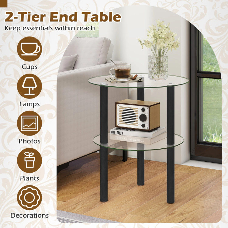 Hivvago 2-Tier Round End Table With Clear Tempered Glass Top And Shelf