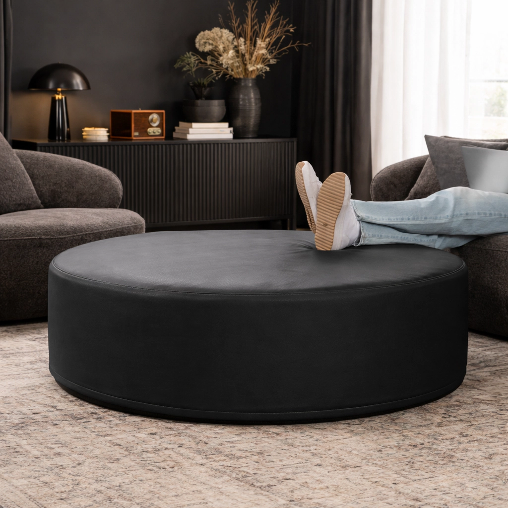 Jaxx Candler Round Couch Ottoman Versatile Firm Foam Construction, 44”, Premium Faux Leather