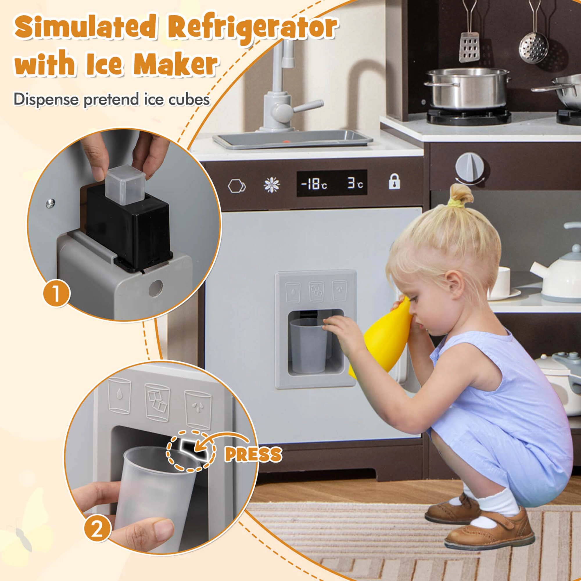 Costway Pretend Play Kitchen for Kids Toddler Aged 3+ Wooden Toy Set with Range Hood Brown