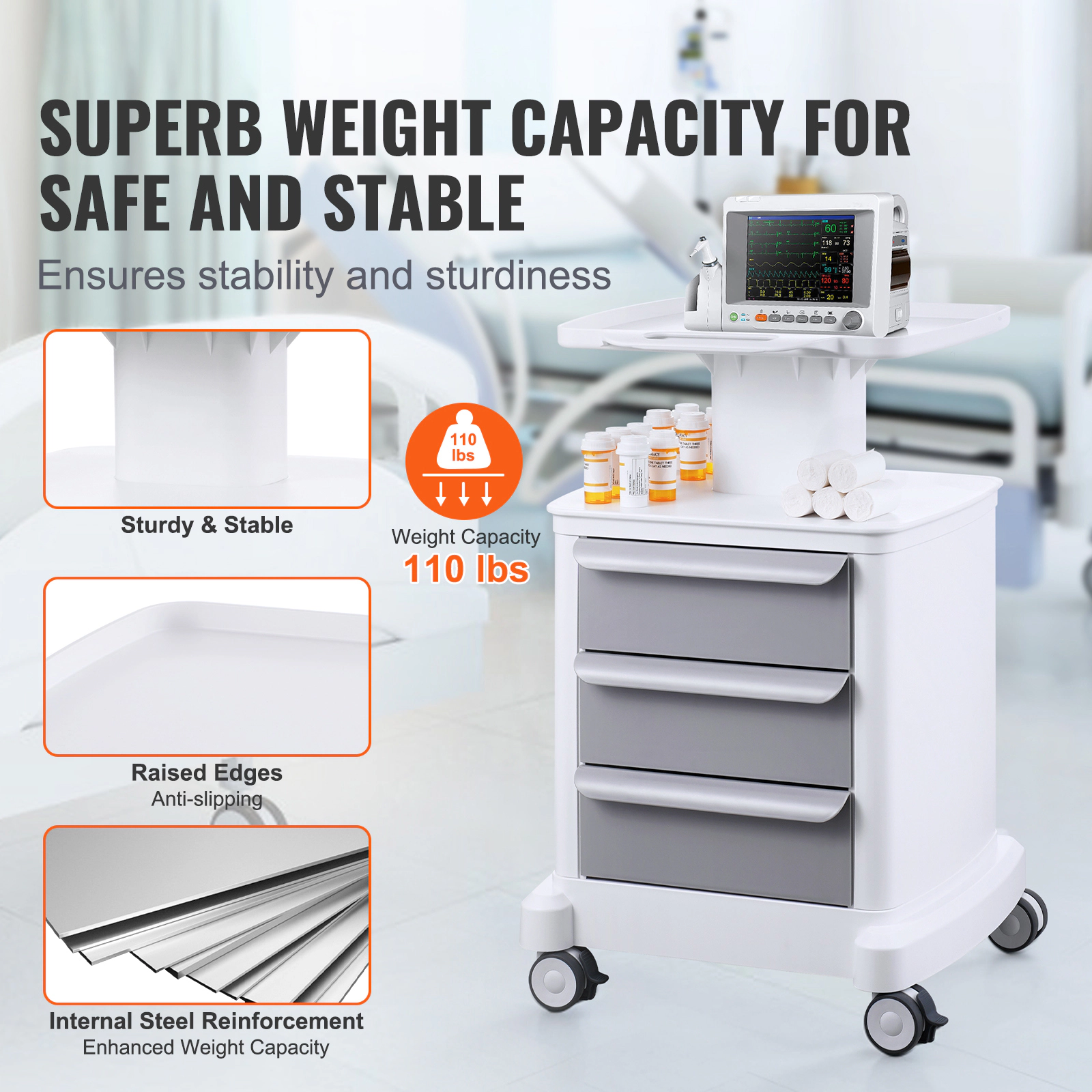 HONGGE Lab Carts Lab Utility Cart with & 1 Top Tray Mobile Medical Cart with ABS Material Lab Rolling Cart with 4
