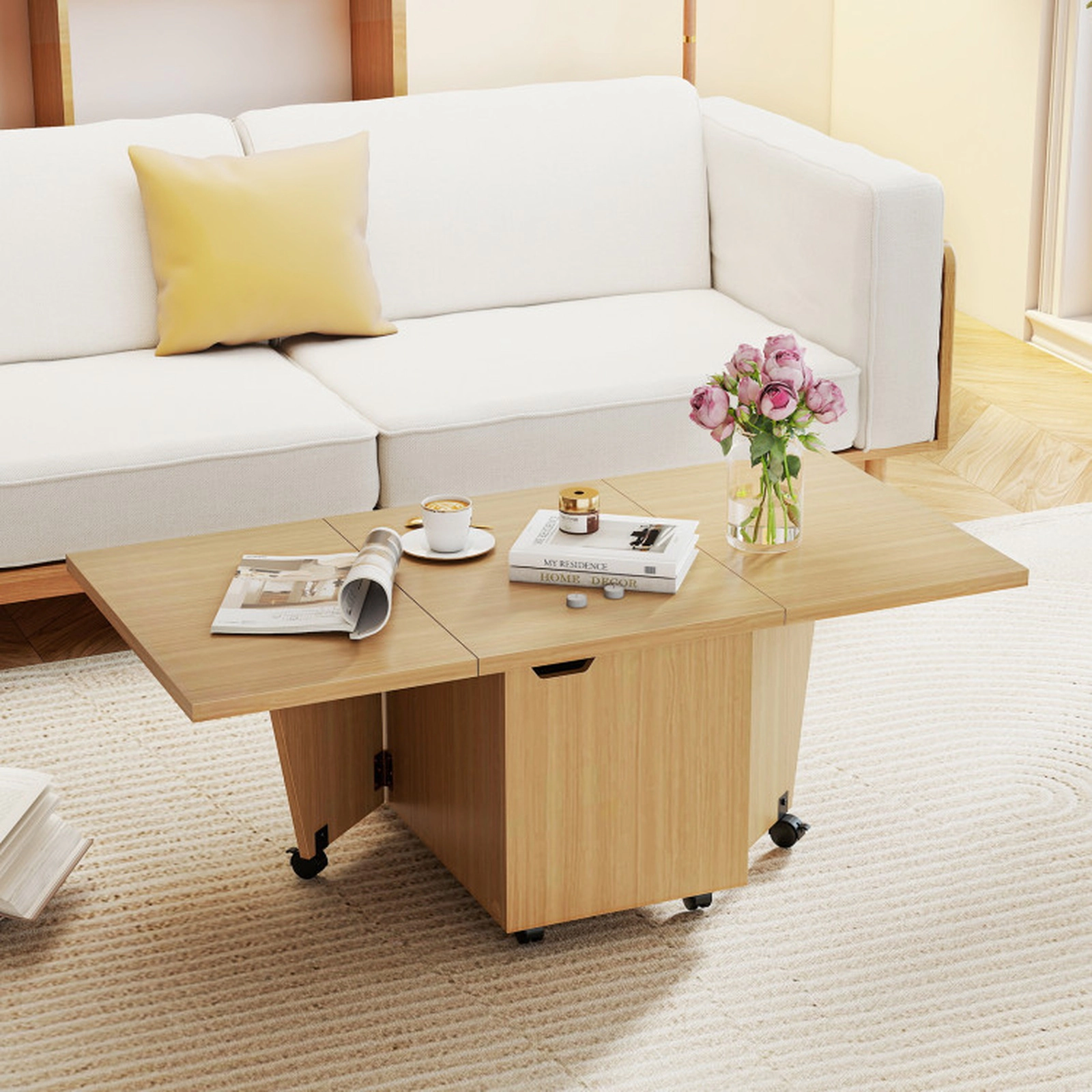 SUGIFT Foldable Coffee Table with 2-Door Storage Cabinet 155-lb Tabletop Capacity 45-lb Cabinet Capacity Oak