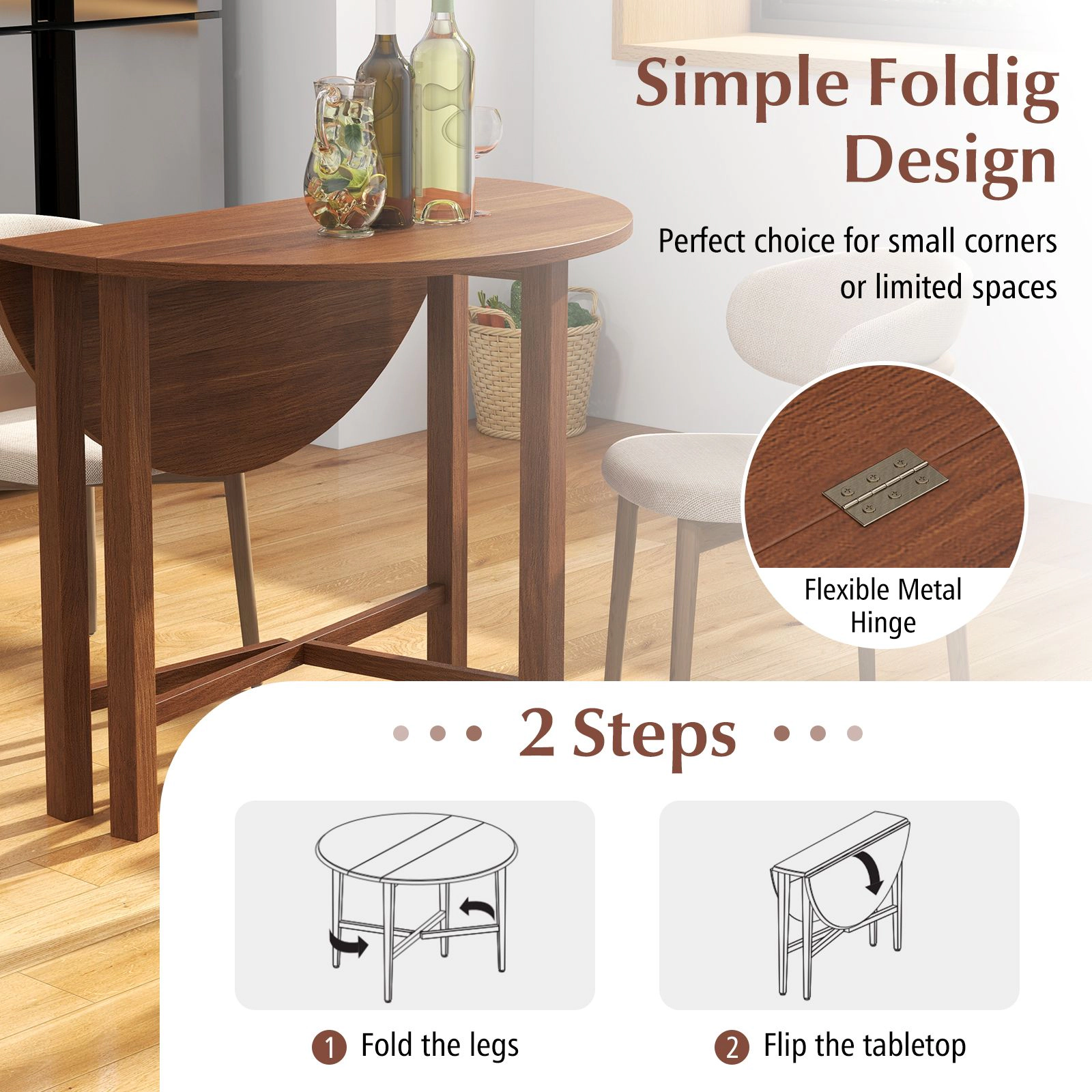 Slickblue Round Folding Kitchen Table with Rubber Wood