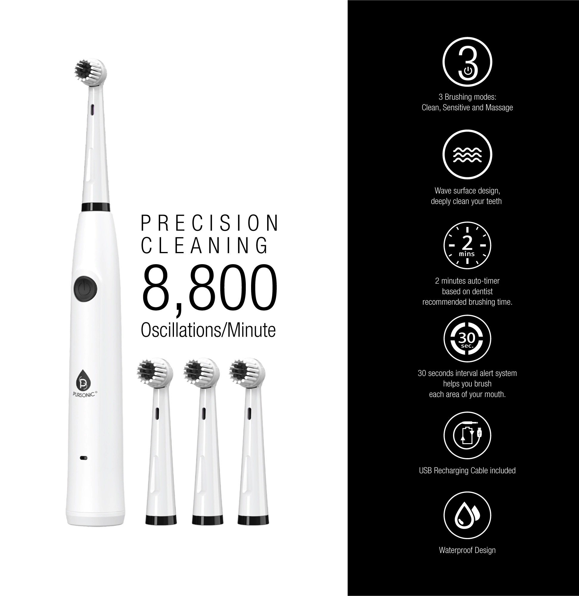 Pursonic Unisex USB Rechargeable Sonic Electric Toothbrush with UV Sanitizer, 3 Modes & 3 Brush Heads