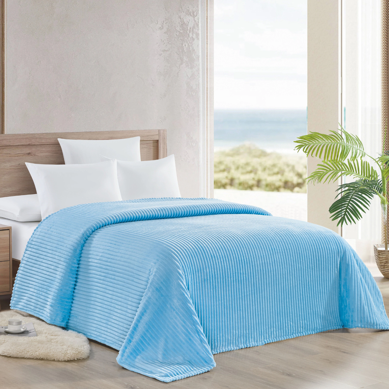 Plazatex Striata Lined Oversized All Season 100% Polyester Blanket King 108" x 90" Light Blue