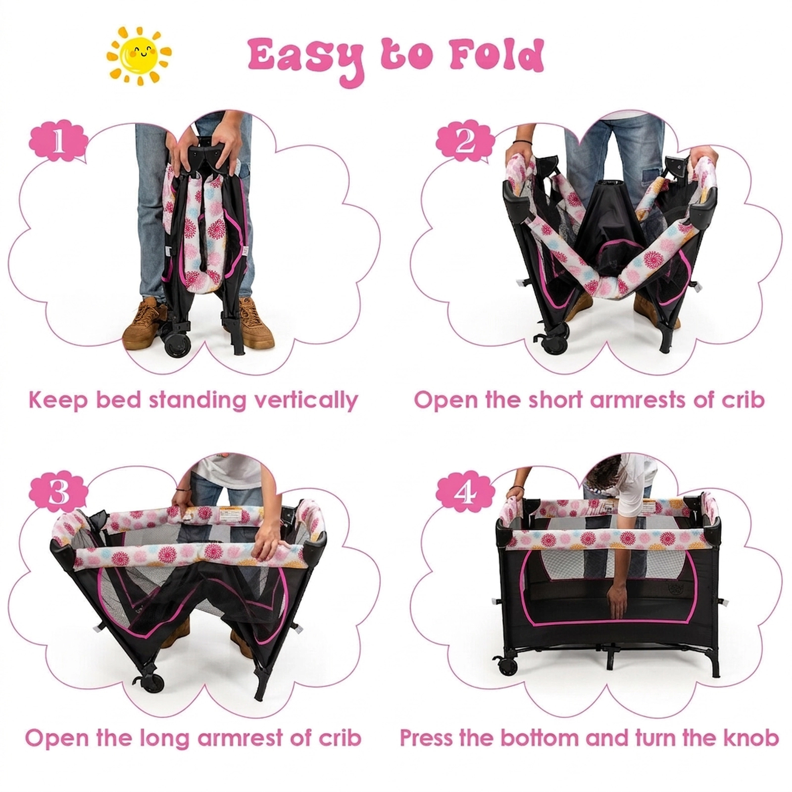 SUGIFT Baby 3-in-1 Bedside Bassinet Diaper Table Locking Wheels Playard 40-in x 28.5-in x 31.5-in 33-lb Capacity Pink