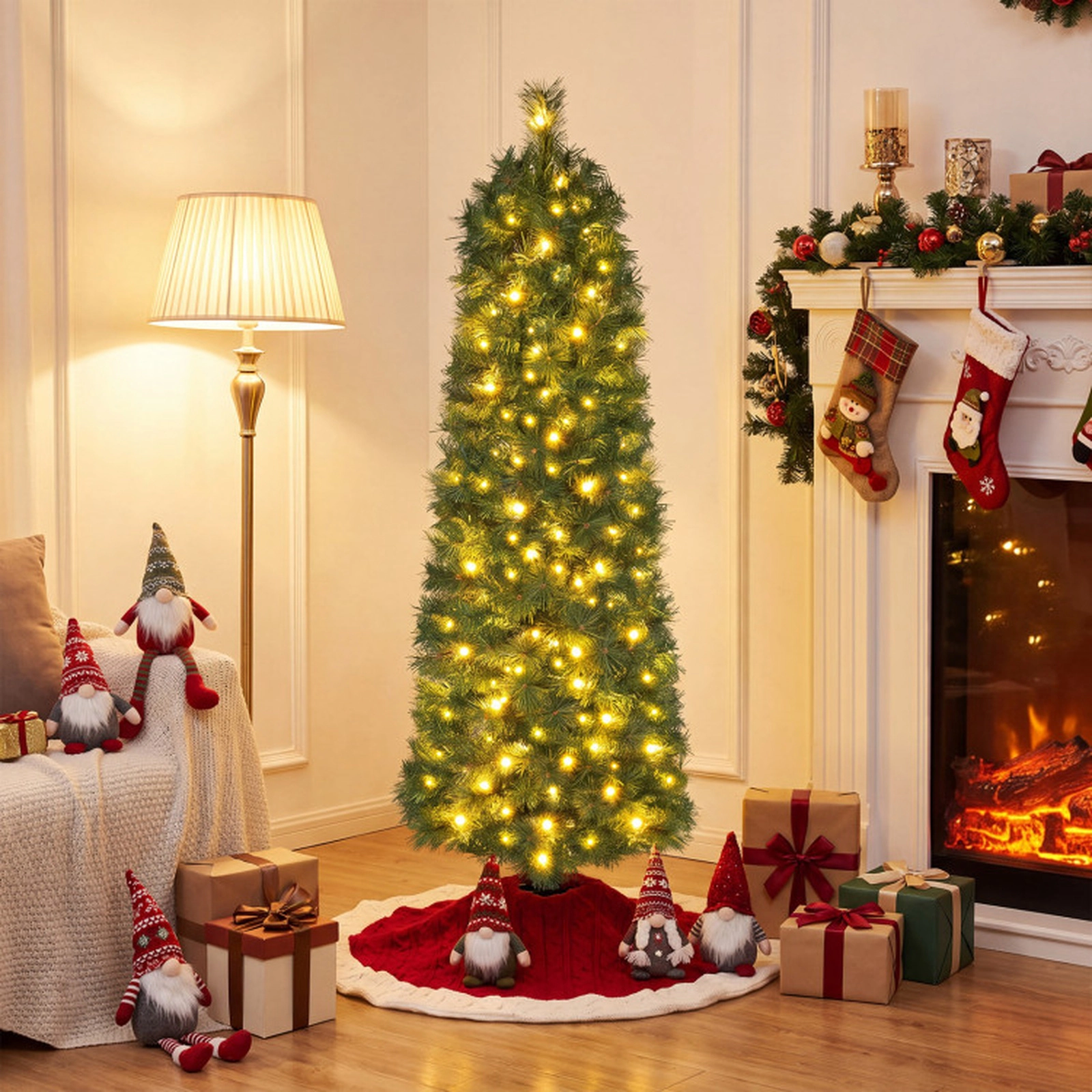 SUGIFT 5-Ft Pre-Lit Skinny Pencil Pine Christmas Tree, 100 Warm White LED Lights, 309 Tips