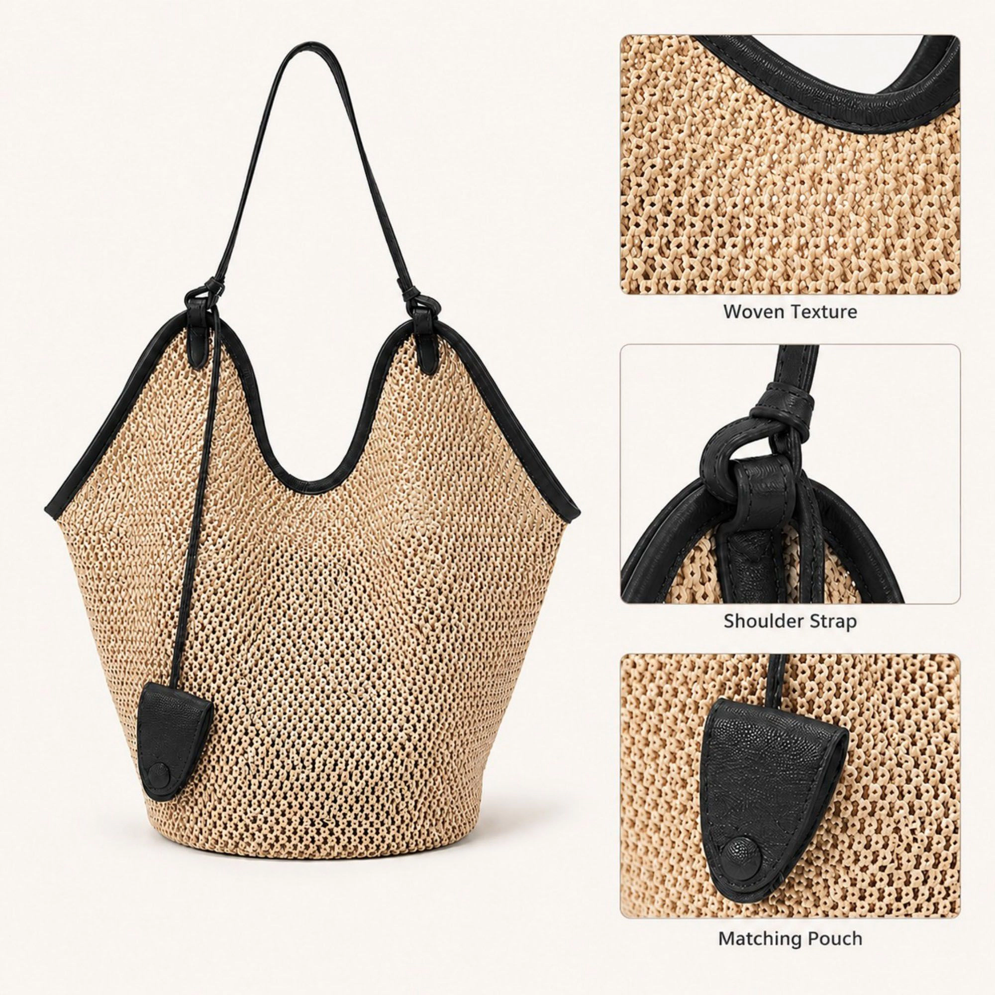Alilang Women's Woven Straw Style Tote Bag Large Capacity Shoulder with Faux Leather Trim