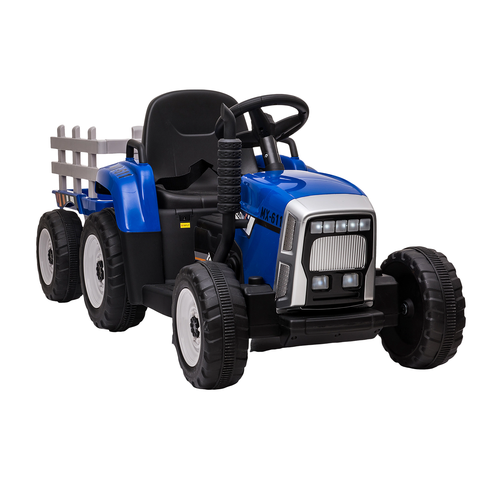 Enjyam 12V Kids Electric Tractor with Trailer, Ride On Car w/Remote, 7-LED Lights, 3-Speed, MP3/USB, Tread Tires,25W