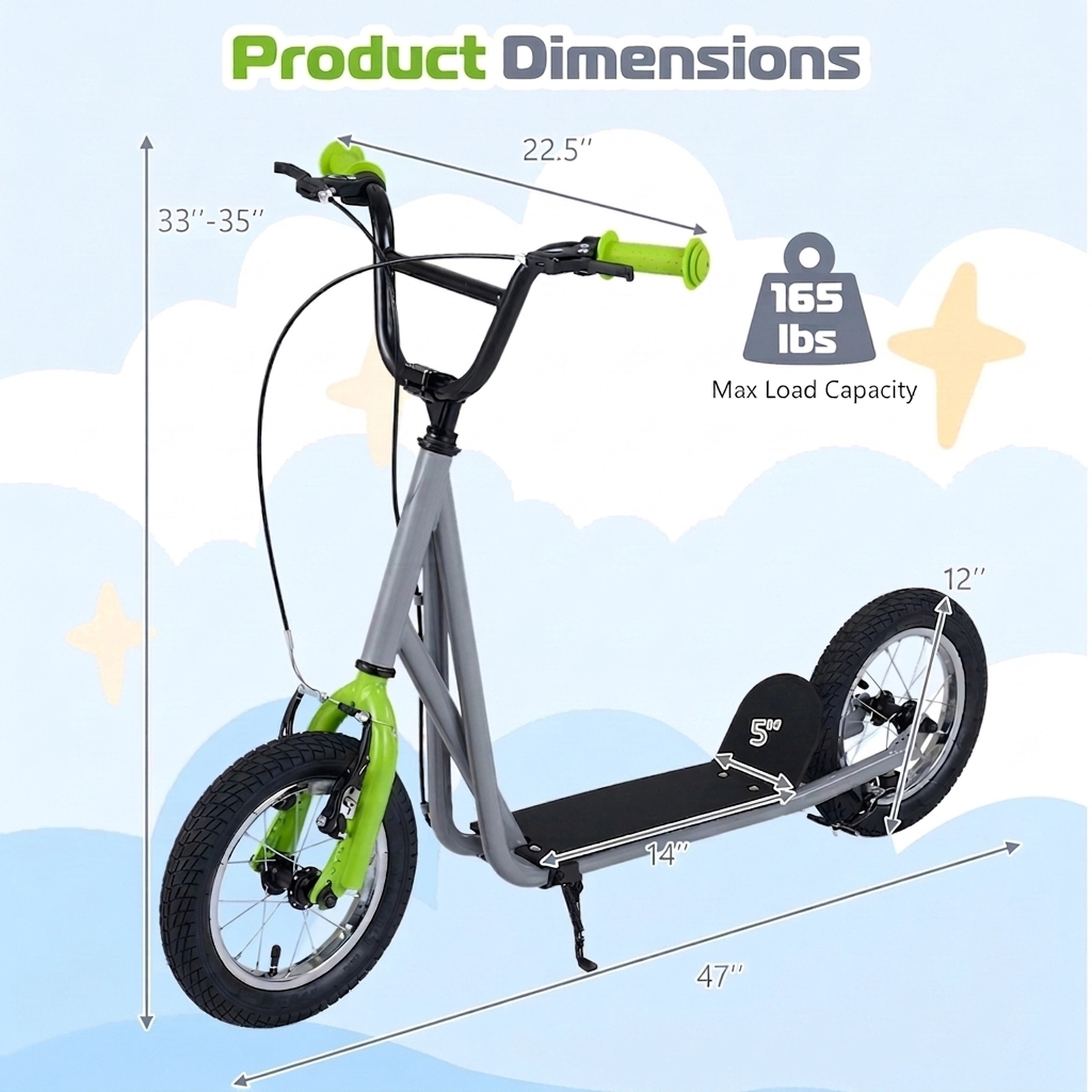 SUGIFT Kids Gray Kick Scooter with 12-in Air-Filled Wheels and Dual V-Brakes 33-in to 35-in H 165-lb Rider Capacity