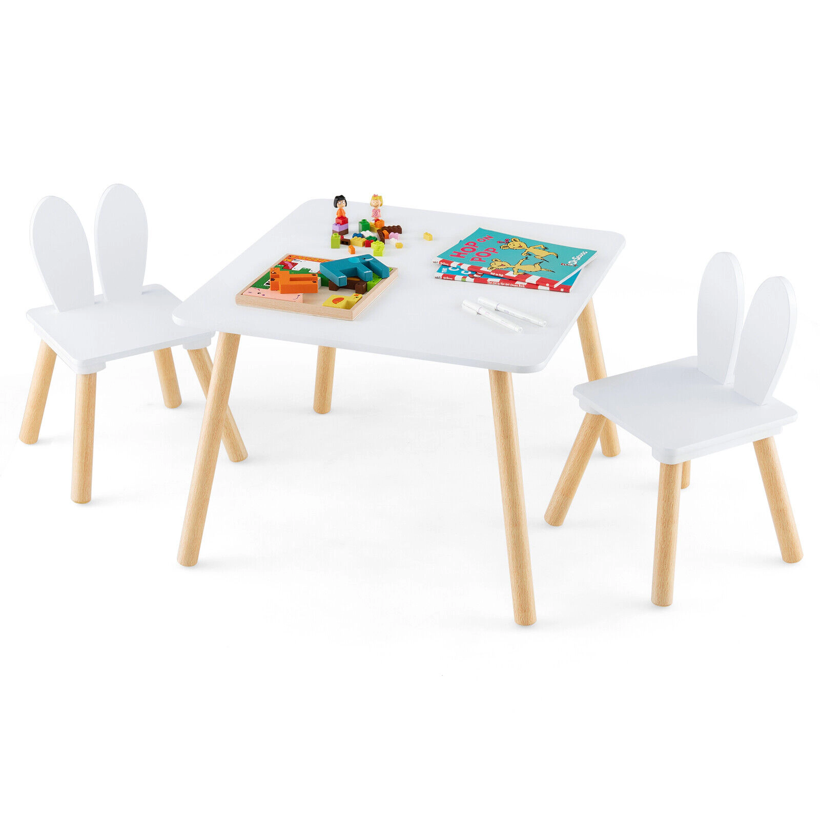 SUGIFT White Bunny Ear Backrests for Arts Crafts and Snacks 3-Piece Kids Table and Chairs Set