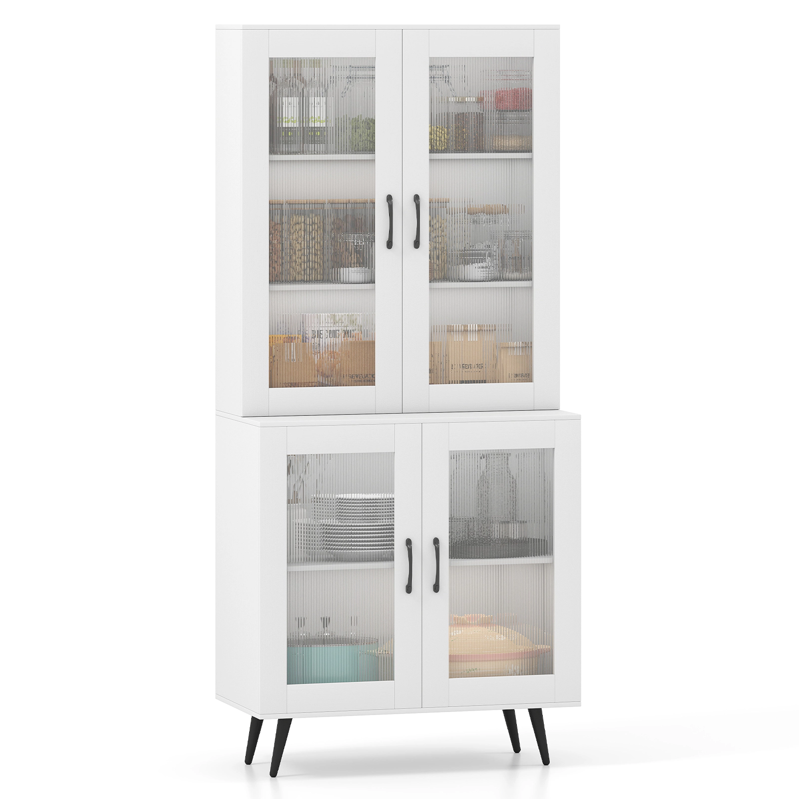 SUGIFT 70.5-in Tall White Pantry Cabinet Cupboard with 4 Transparent Doors and 5-Position Adjustable Shelf