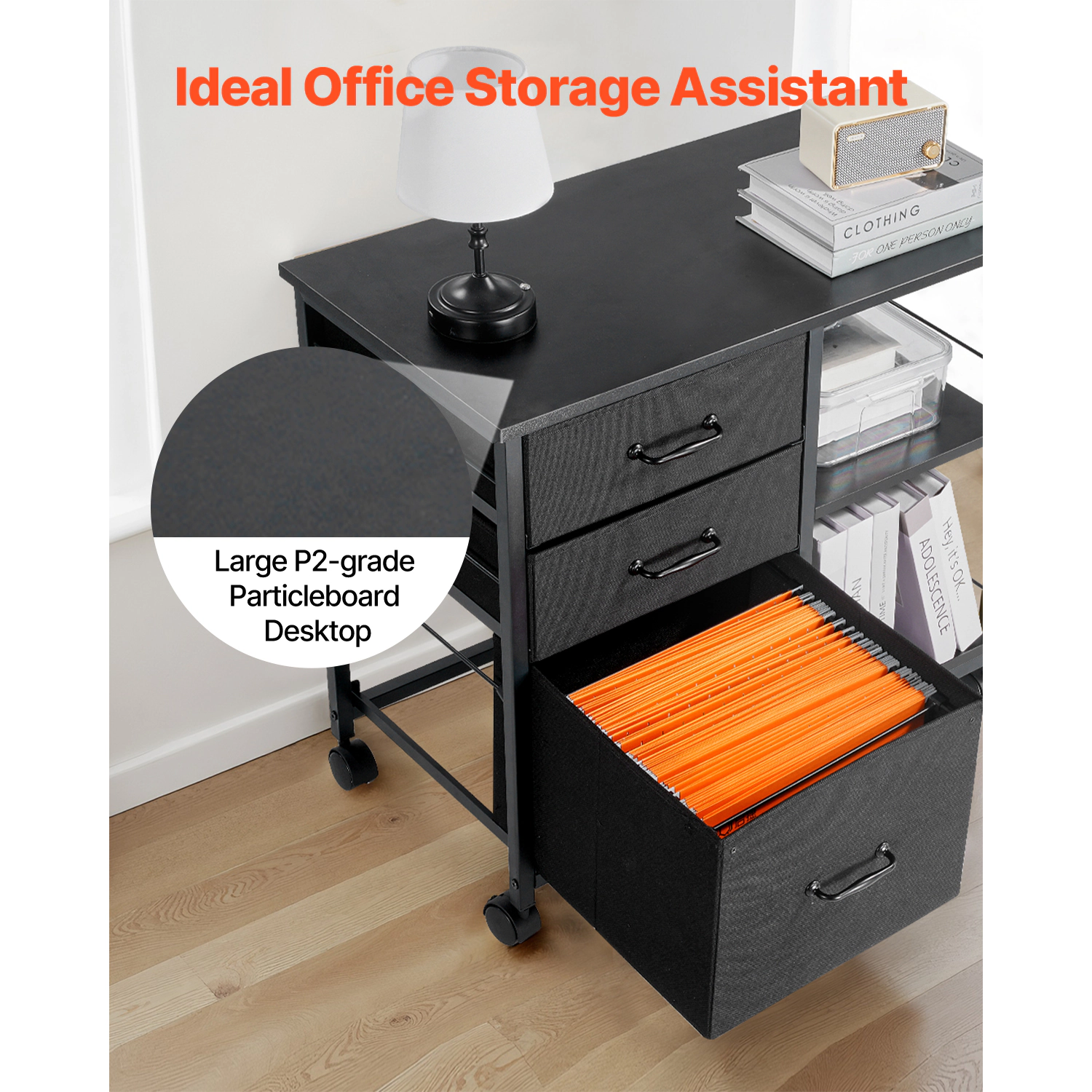 HONGGE Metal File Cabinet Mobile Filing Cabinet with 3 Fabric Drawers and 2 Open Shelves Wooden Vertical Filing Storage