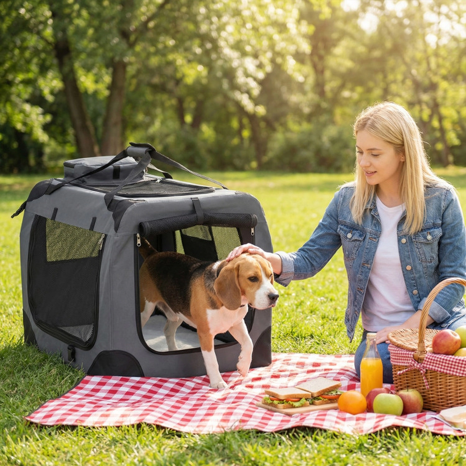 SUGIFT Gray 28-in Collapsible Soft Dog Travel Crate with 3 Roll-Up Doors Mesh Windows and Fleece Bed