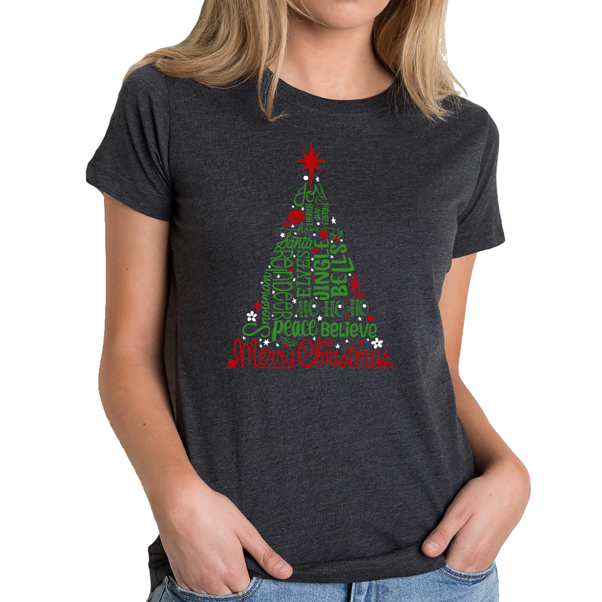 LA Pop Art Women's Cotton/Poly Blend Word TShirt - Holiday Christmas Tree
